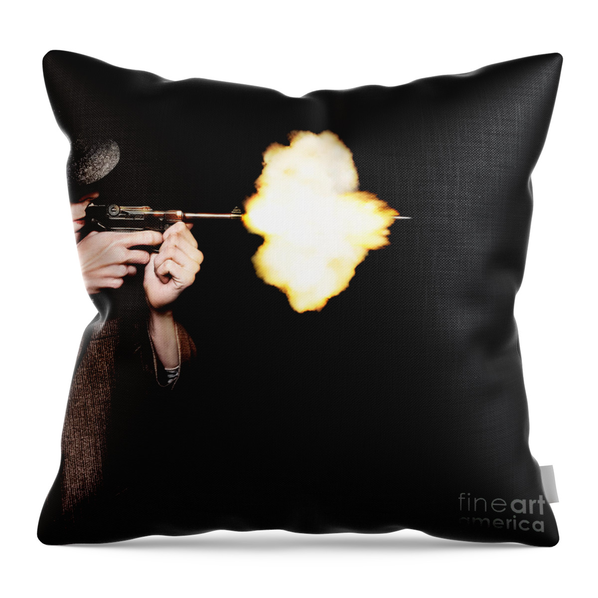 Gangster Throw Pillow featuring the photograph Vintage Gangster Man Shooting Gun On Black by Jorgo Photography