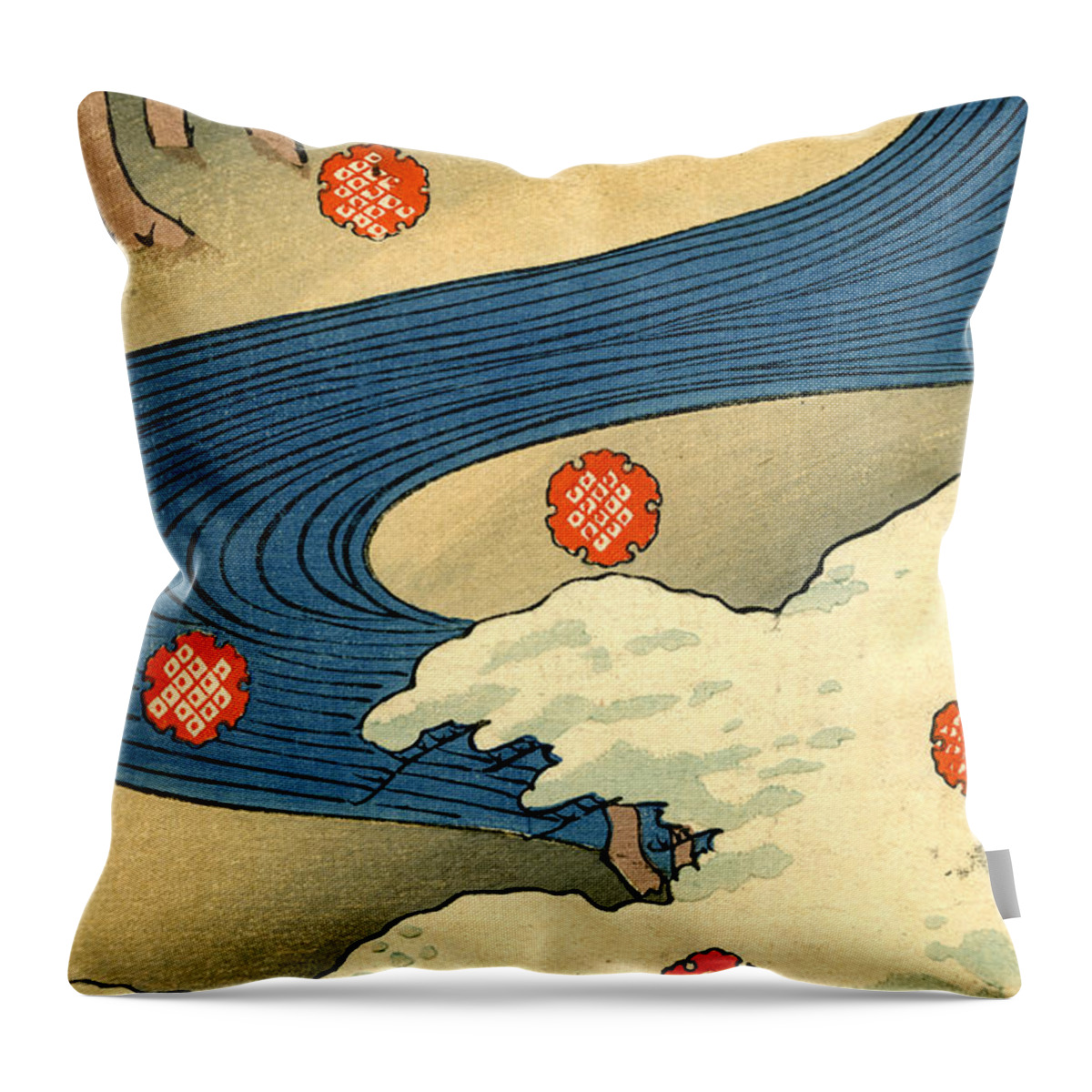 Winter Throw Pillow featuring the painting Vintage Japaneses illustration of falling snowflakes in an abstract winter landscape by Japanese School