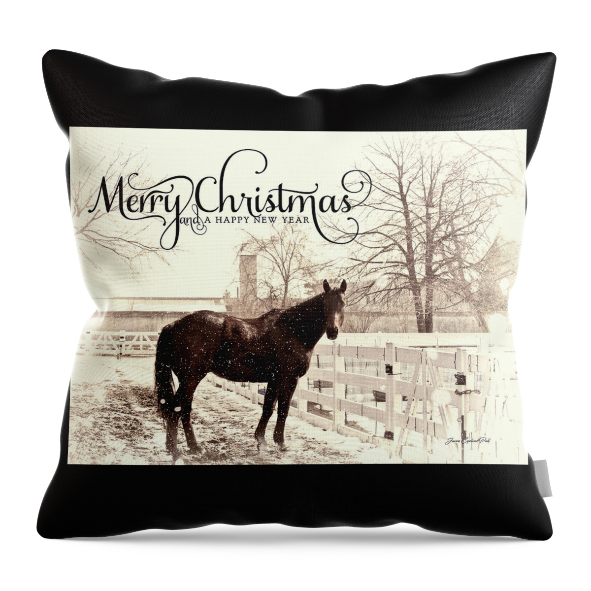 Merry Christmas Throw Pillow featuring the photograph Vintage Merry Christmas with Horse by Joann Copeland-Paul