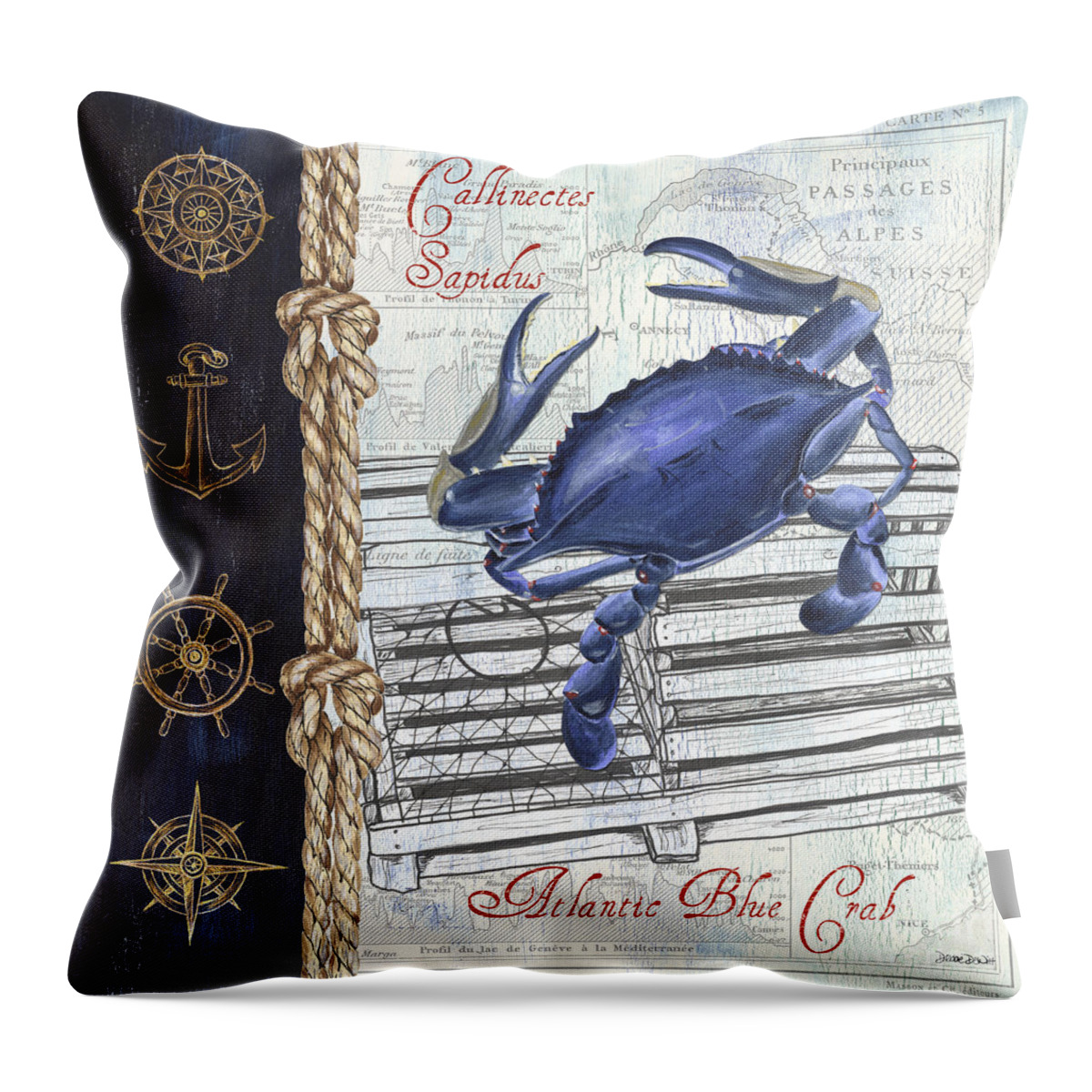 Crab Throw Pillow featuring the painting Vintage Nautical Crab by Debbie DeWitt