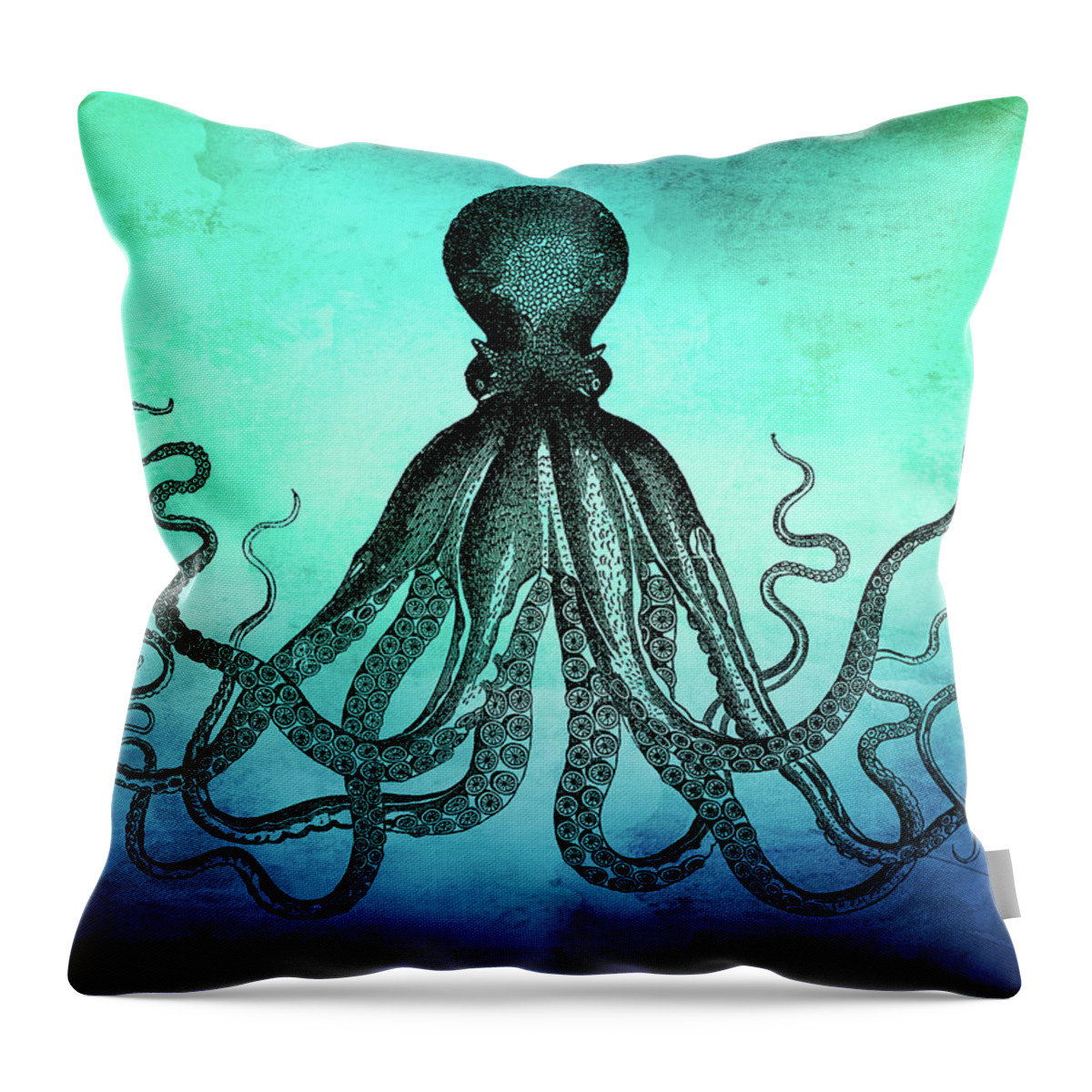 Octopus Throw Pillow featuring the digital art Vintage Octopus on Blue Green Watercolor by Peggy Collins