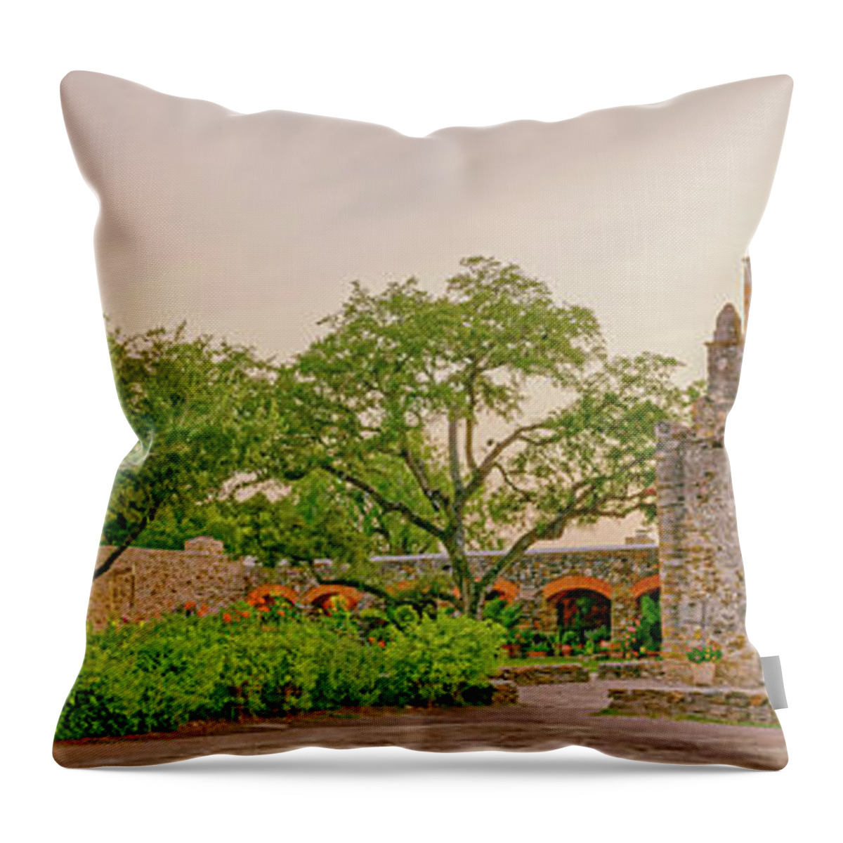 Mission Throw Pillow featuring the photograph Vintage Panorama of Mission Espada San Antonio Missions - Bexar County Texas by Silvio Ligutti