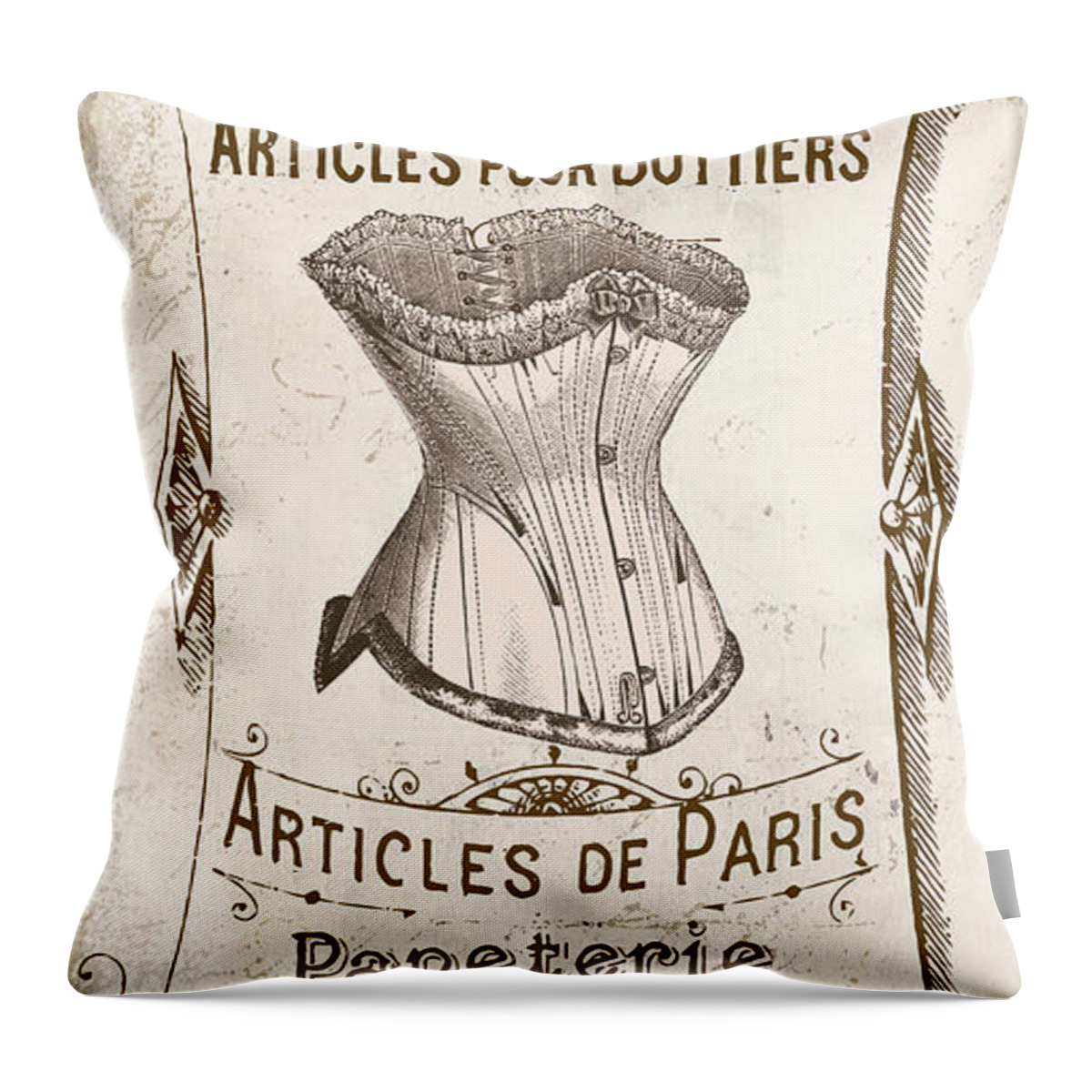 Vintage French Corsette Label Throw Pillow featuring the painting Vintage Paris Corsette Sign by Mindy Sommers