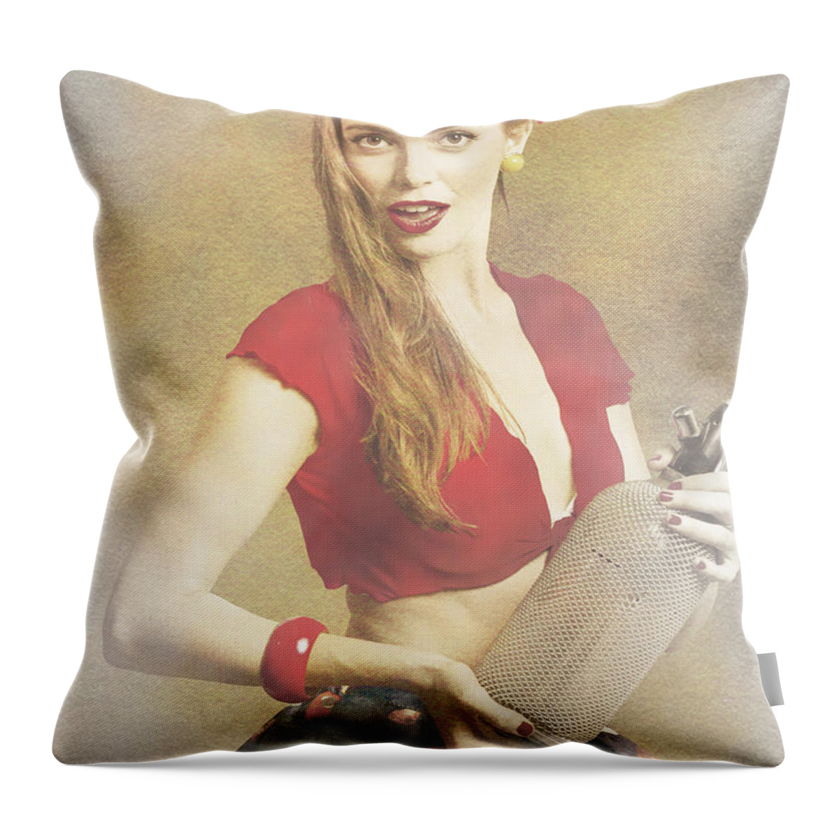 Advertising Throw Pillow featuring the photograph Vintage perfume advertisement circa 2015 by Jorgo Photography