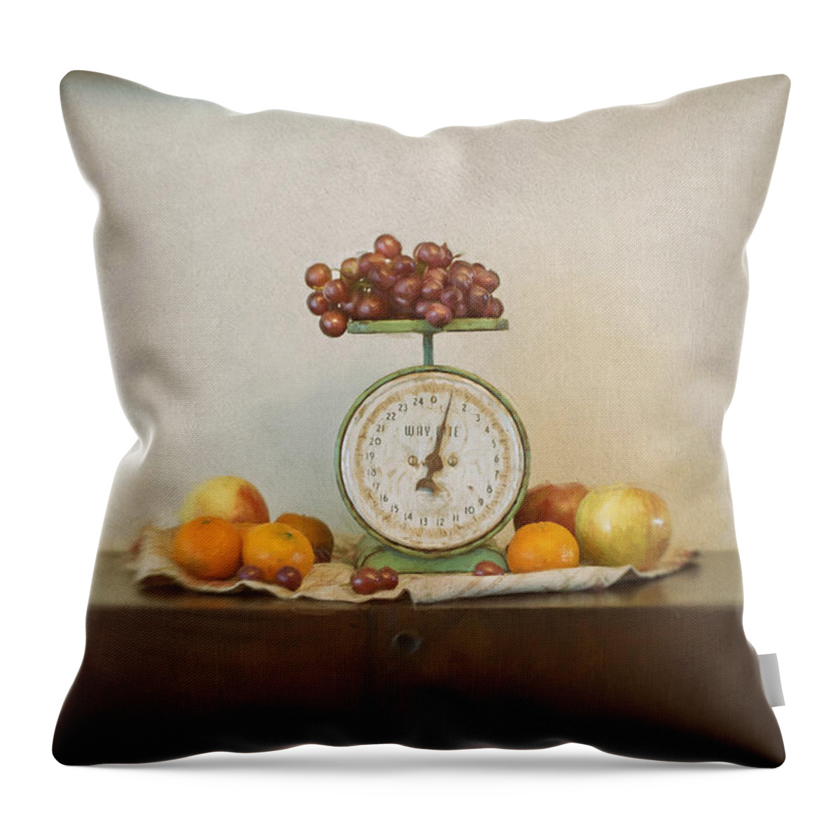 Buffet Throw Pillow featuring the photograph Vintage Scale and Fruits Painting by Susan Gary