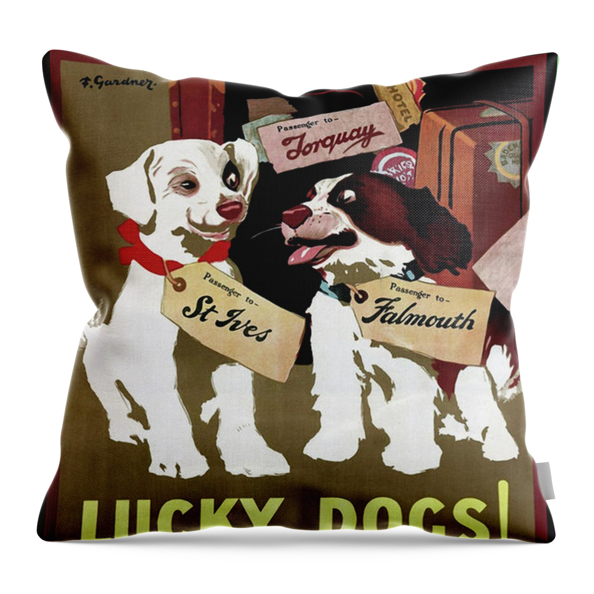 Vintage Poster Throw Pillow featuring the painting Vintage Traveling Dogs by Mindy Sommers