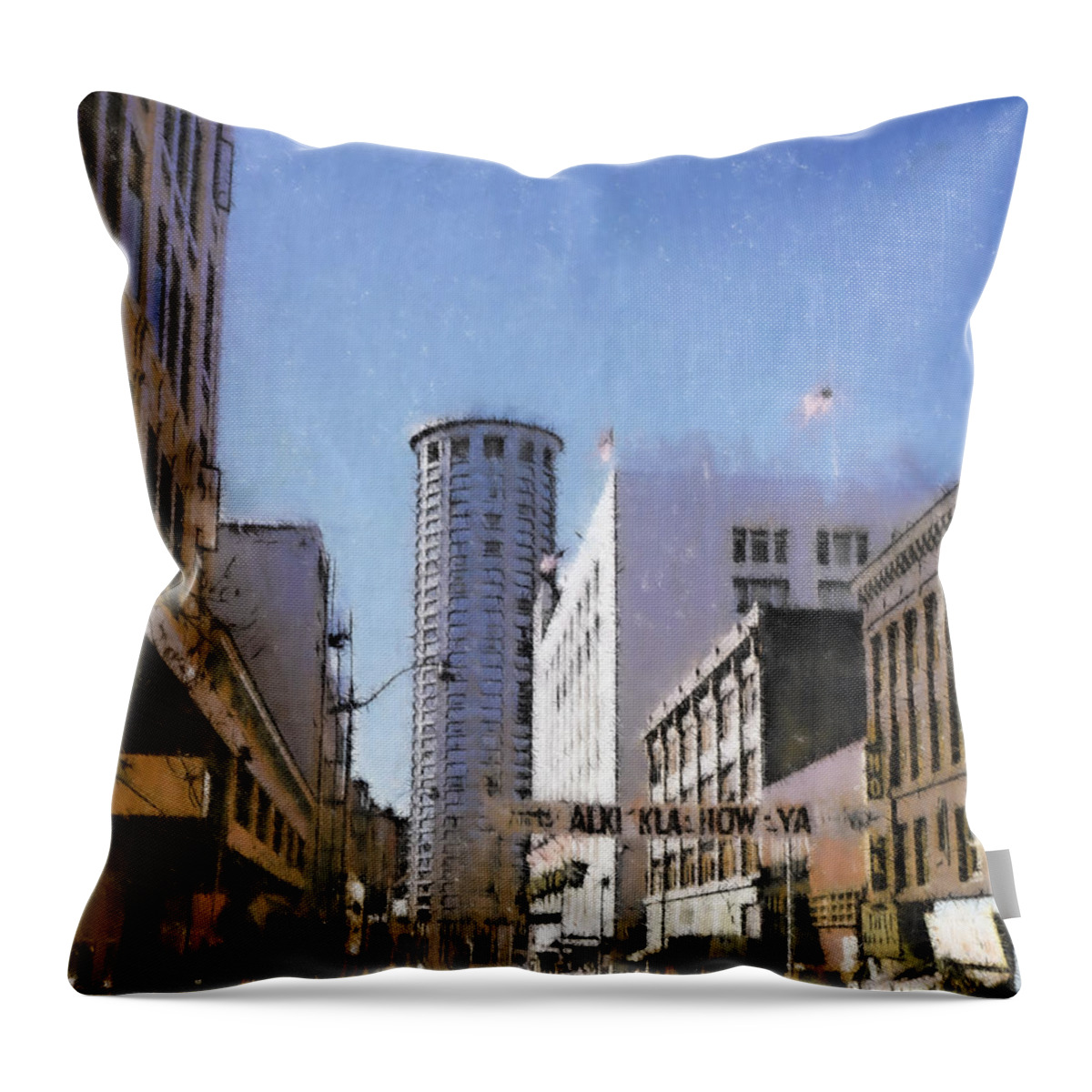City Throw Pillow featuring the digital art Vintage View of Seattle by Cathy Anderson
