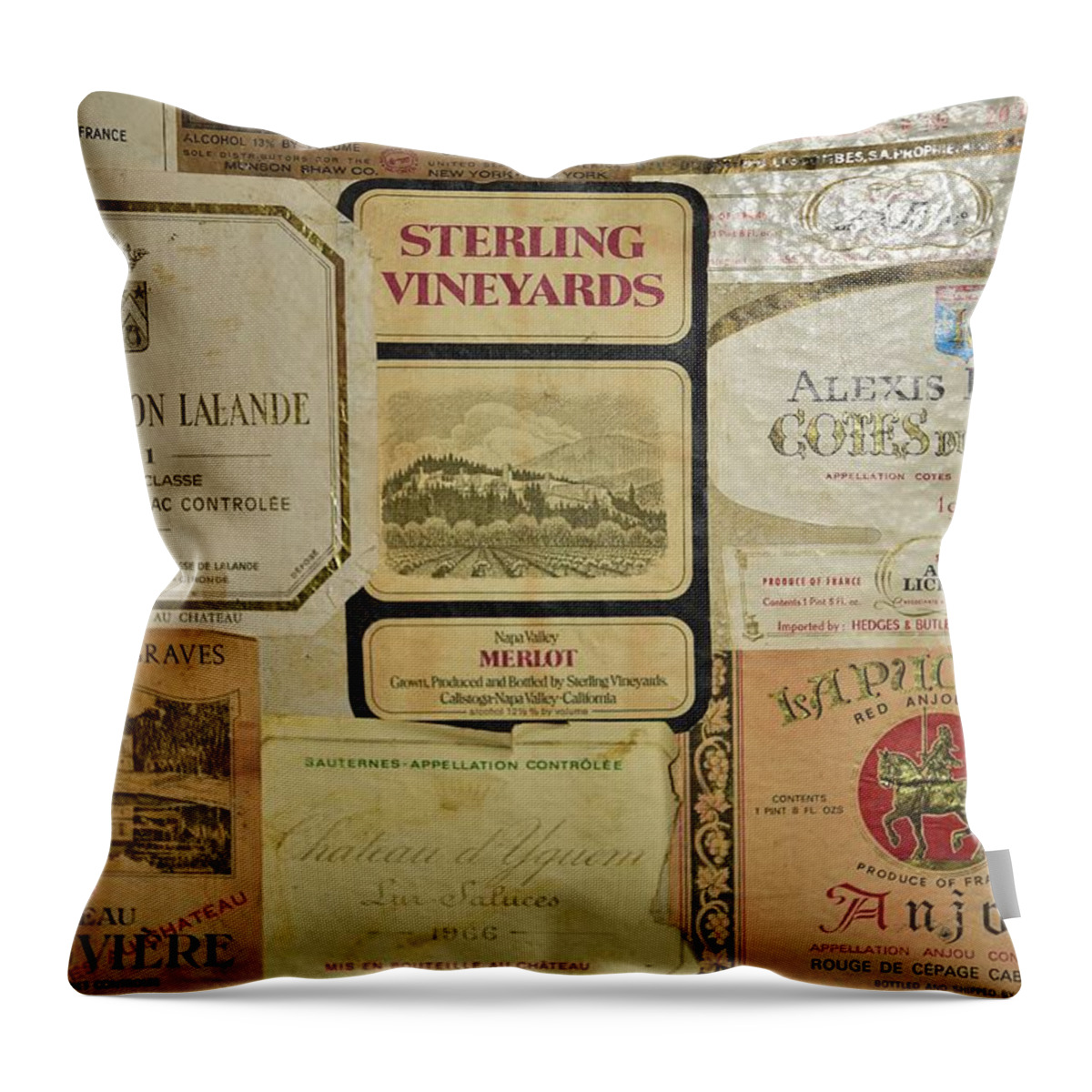 Linda Brody Throw Pillow featuring the photograph Vintage Wine Labels 10 by Linda Brody