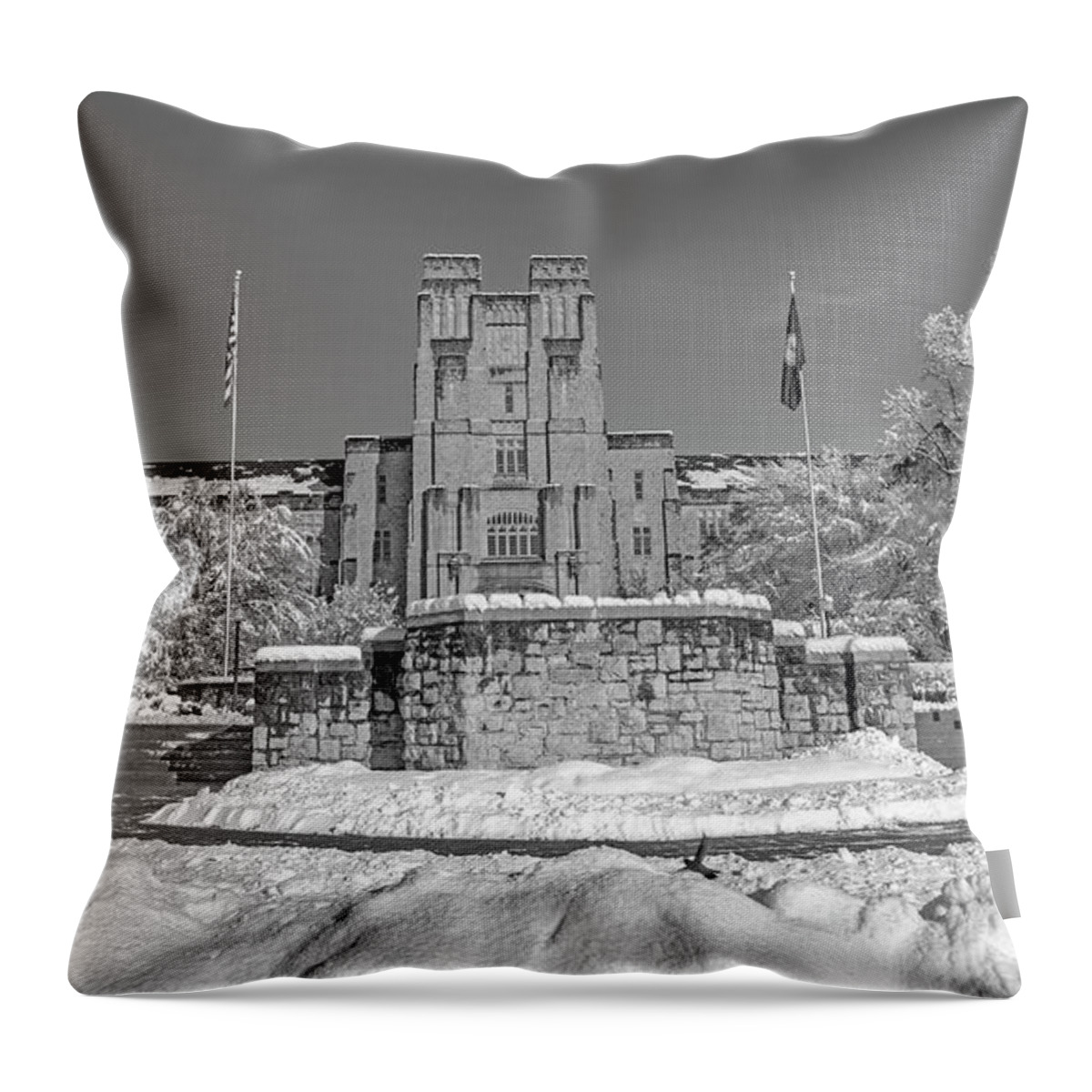 Virginia Throw Pillow featuring the photograph Virginia Tech Campus Burruss Hall BW by Betsy Knapp