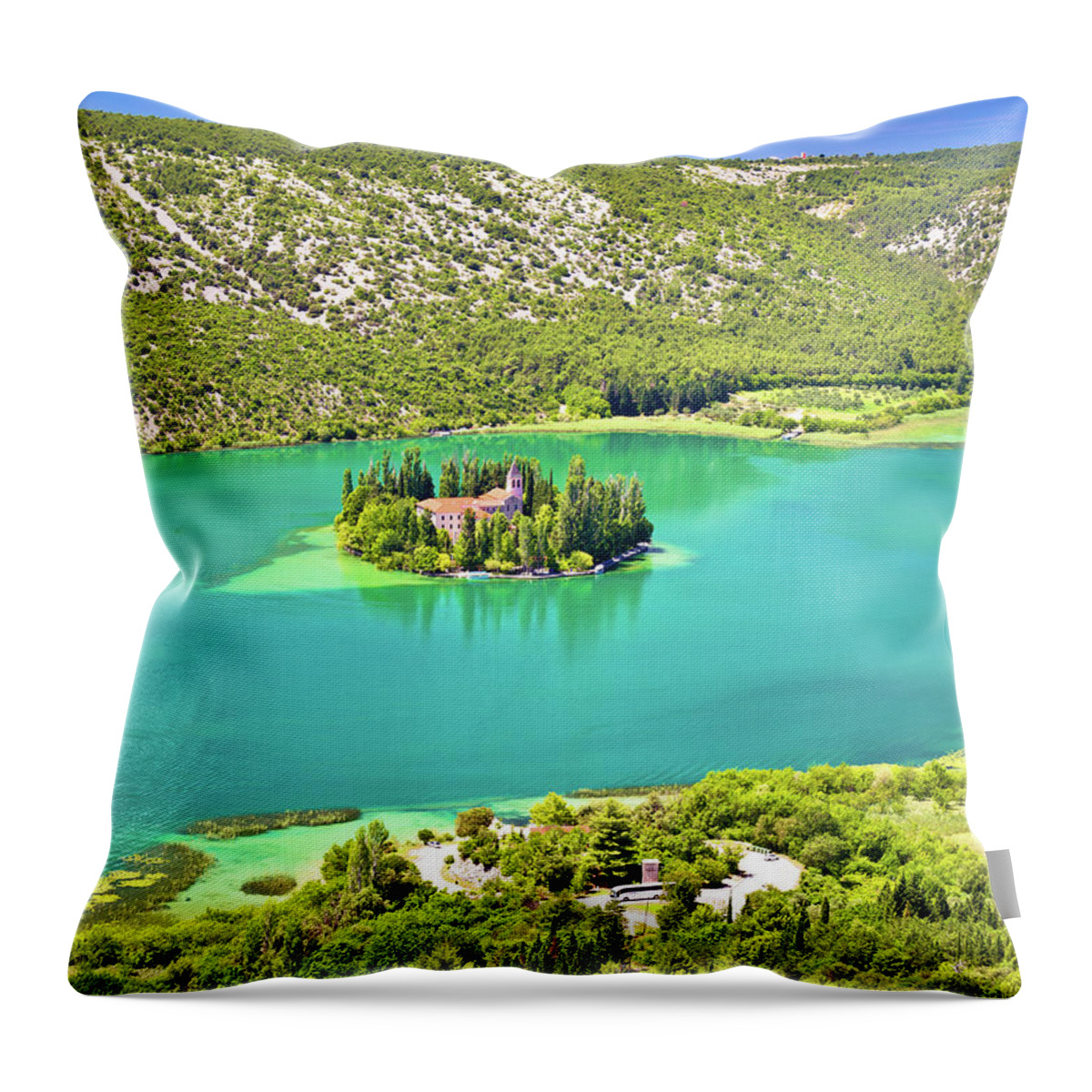 Monastery Throw Pillow featuring the photograph Visovac lake island monastery aerial view by Brch Photography