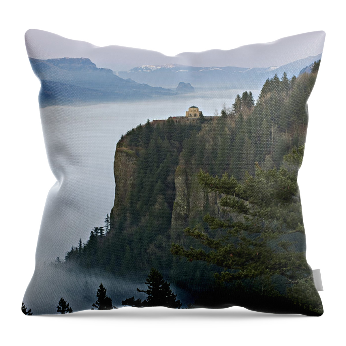 Fog Throw Pillow featuring the photograph Vista House above the fog by John Christopher
