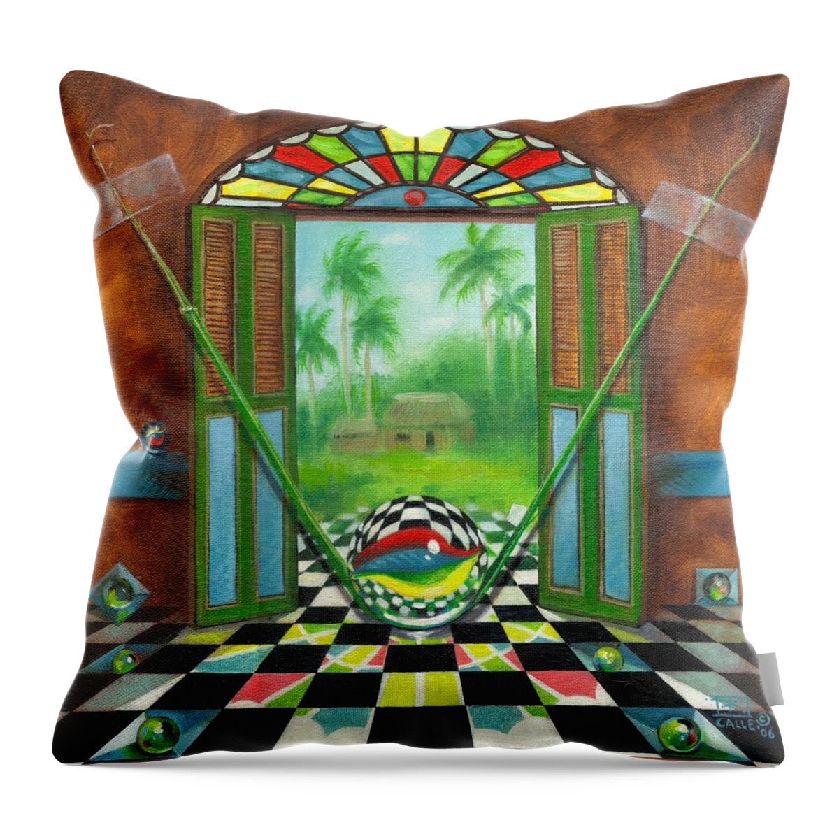 Marbles Throw Pillow featuring the painting Vitrales Campesino by Roger Calle