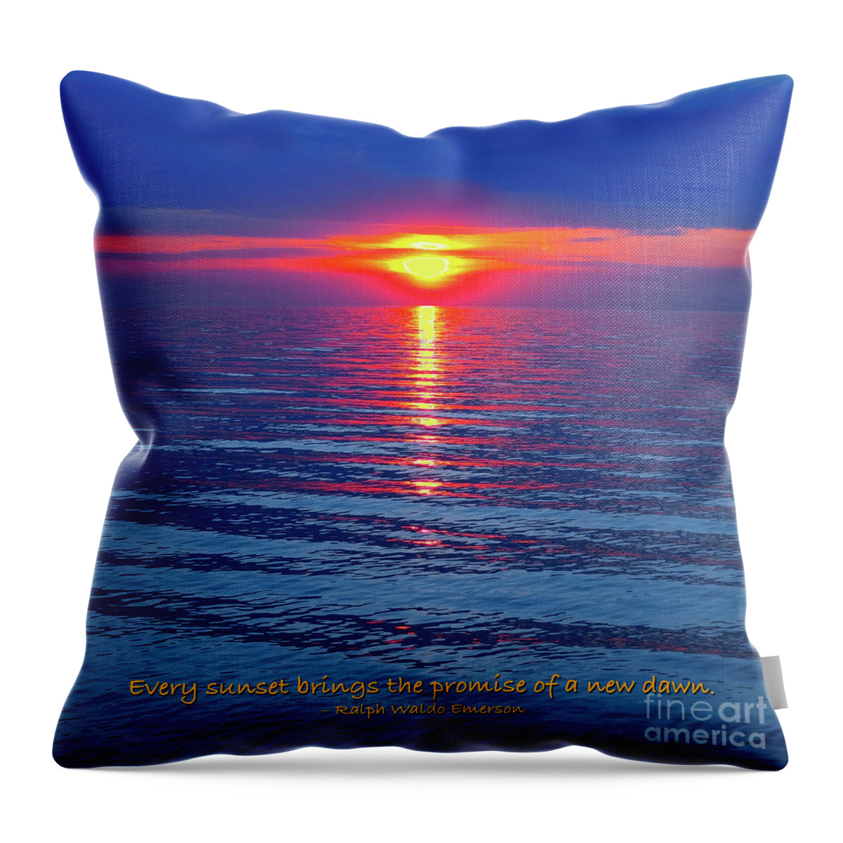 Sunset Throw Pillow featuring the photograph Vivid Sunset - Emerson Quote - Square Format by Ginny Gaura