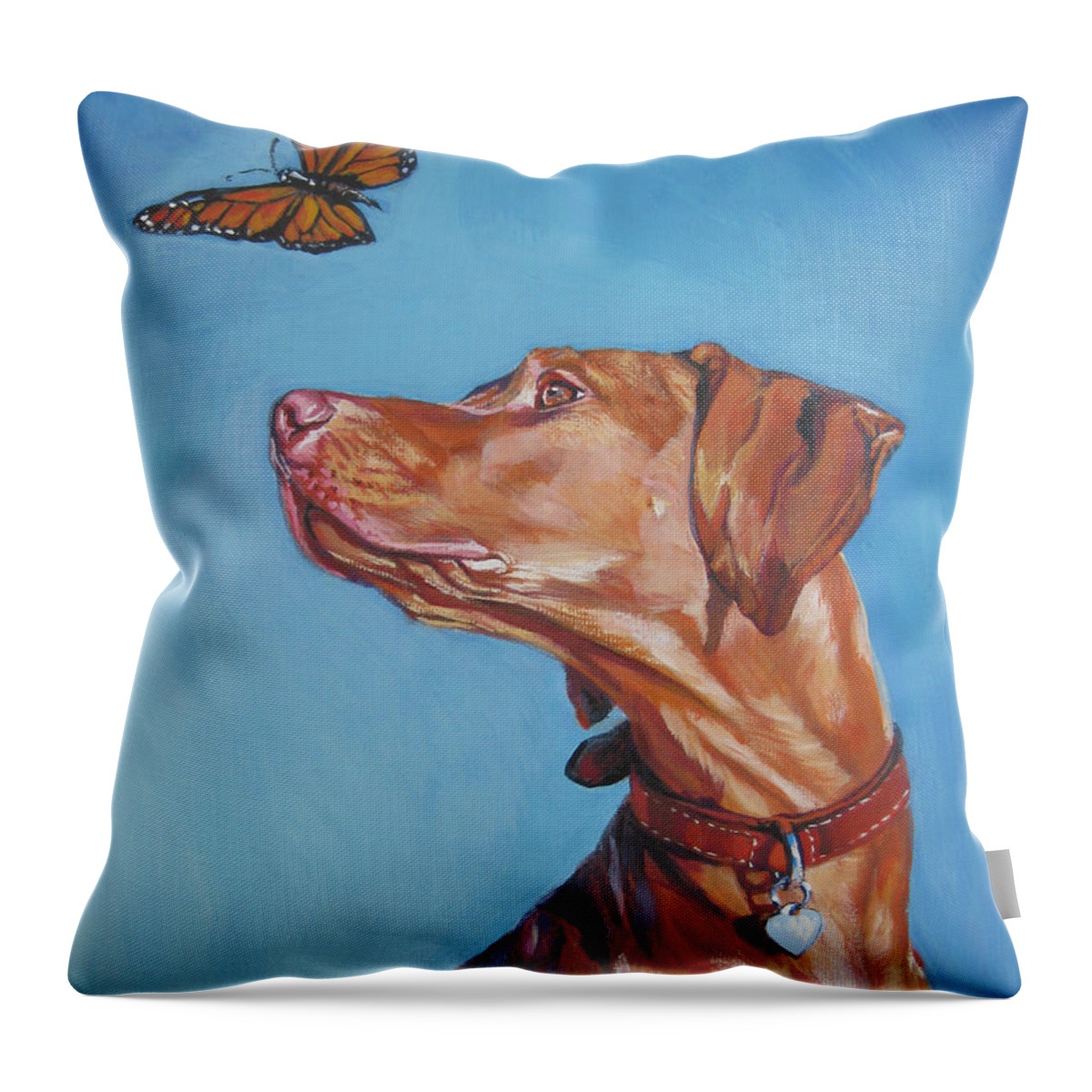 Vizsla Throw Pillow featuring the painting Vizsla and the butterfly by Lee Ann Shepard