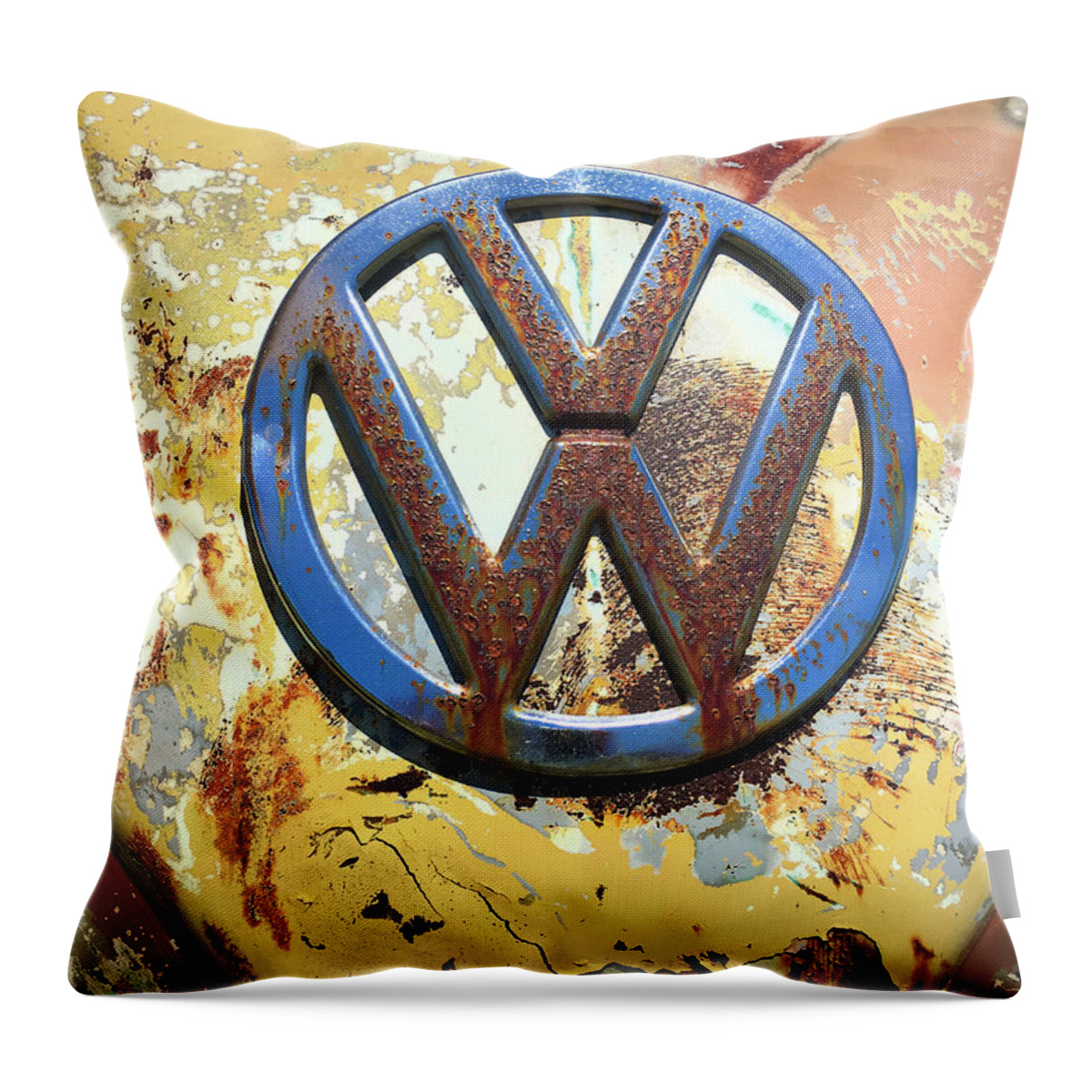 Kelly Hazel Throw Pillow featuring the photograph Volkswagen VW Emblem with Rust by Kelly Hazel