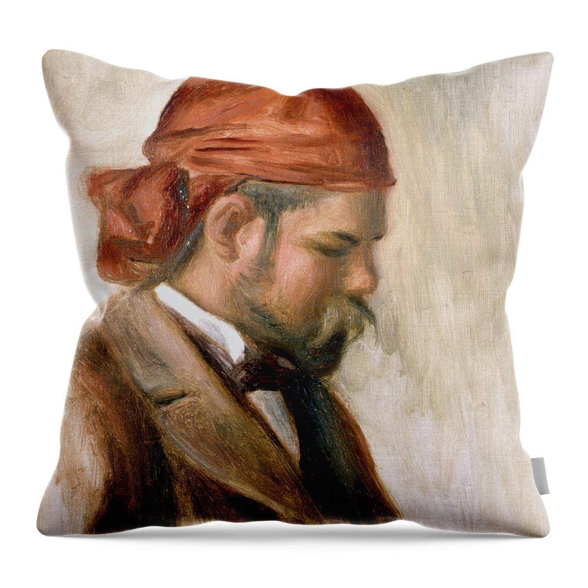 French Art Throw Pillow featuring the painting Vollard with a Red Scarf by Auguste Renoir