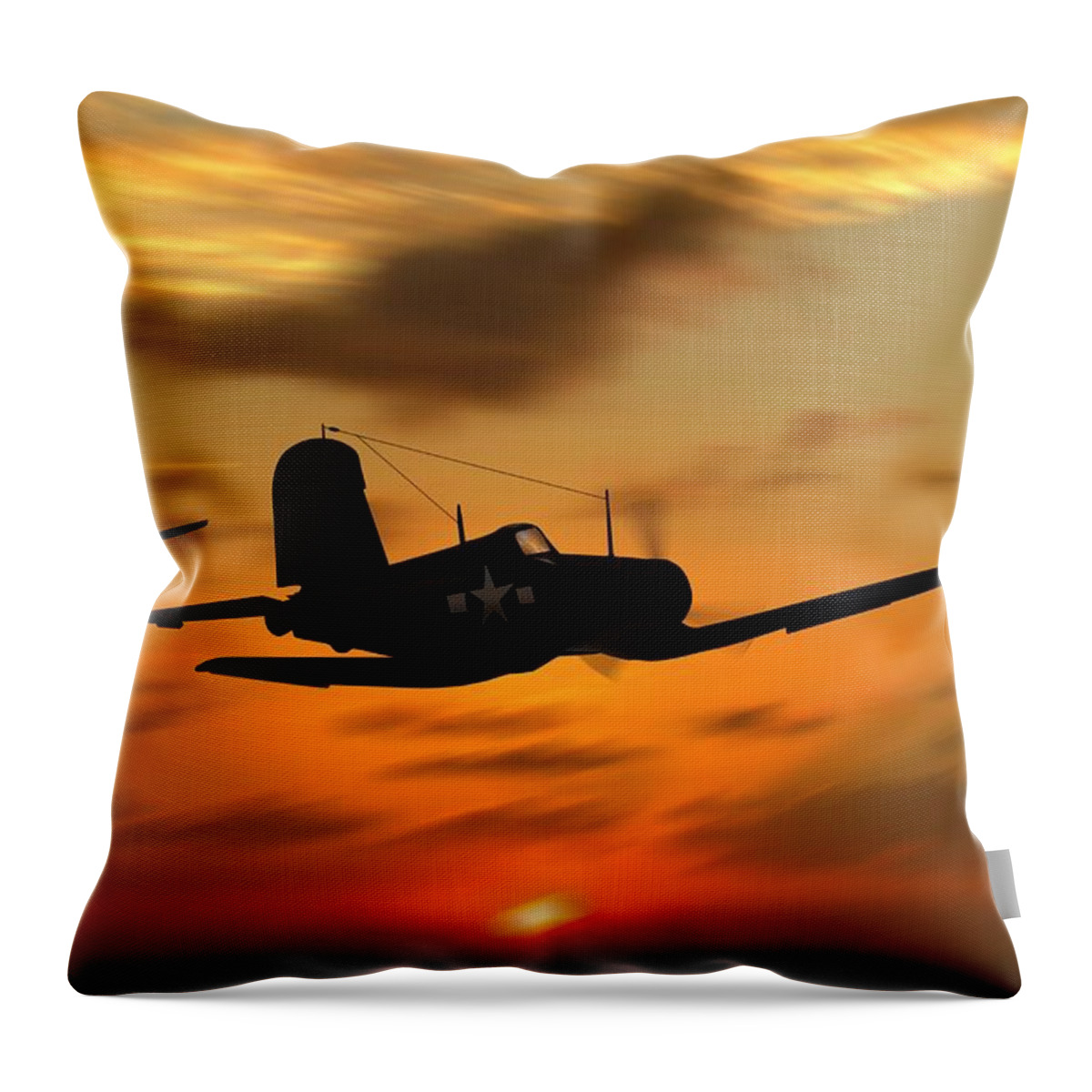 Chance Vought Corsair Throw Pillow featuring the digital art Vought Corsairs at sunset by John Wills
