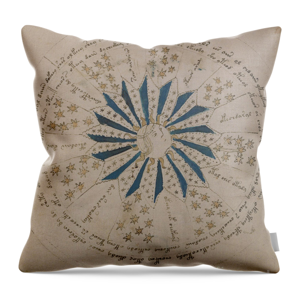 Astronomy Throw Pillow featuring the drawing Voynich Manuscript Astro Rosette 1 by Rick Bures