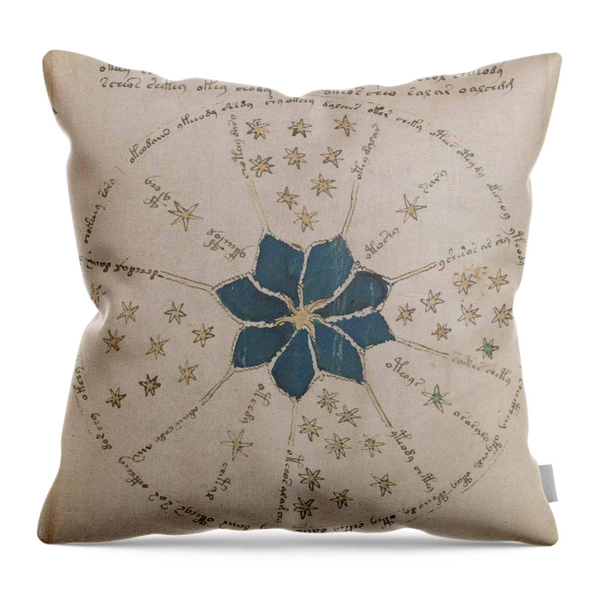 Astronomy Throw Pillow featuring the drawing Voynich Manuscript Astro Rosette 2 by Rick Bures