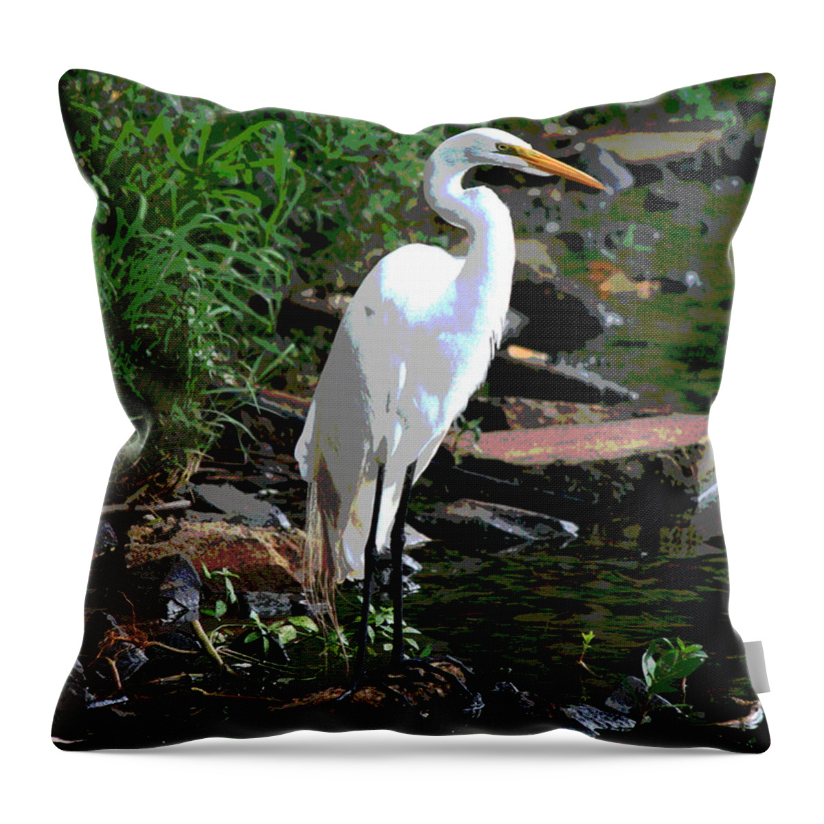 White Bird Throw Pillow featuring the digital art Wading Bird # 3 Standing on a Log by Jack Ader