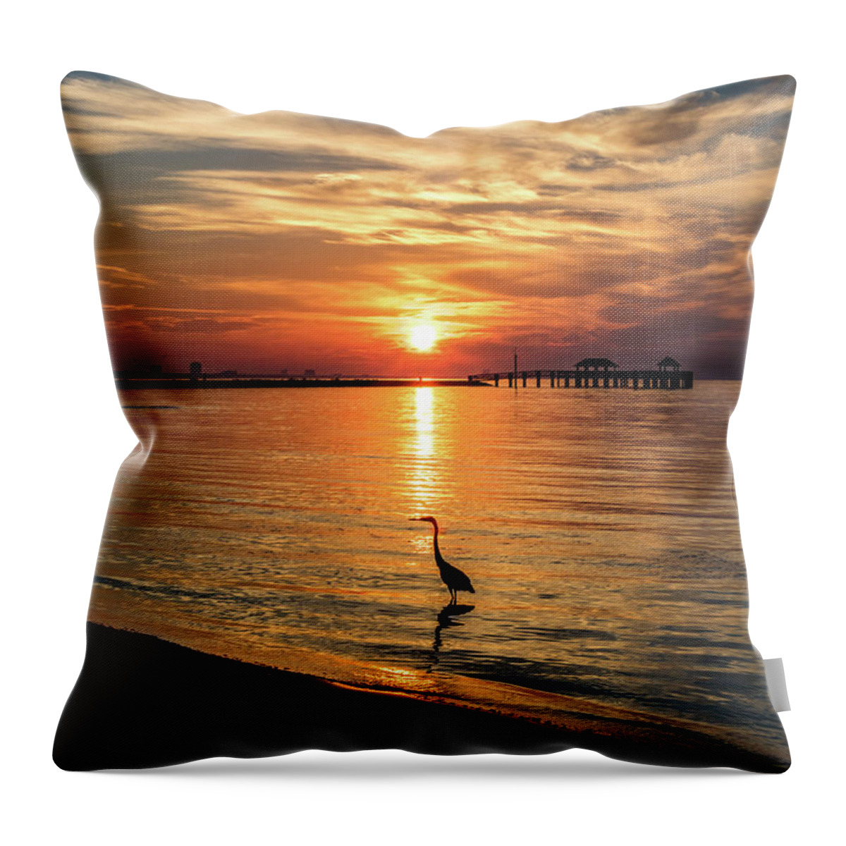 Shorebirds Throw Pillow featuring the photograph Wading Heron At Sunrise by JASawyer Imaging