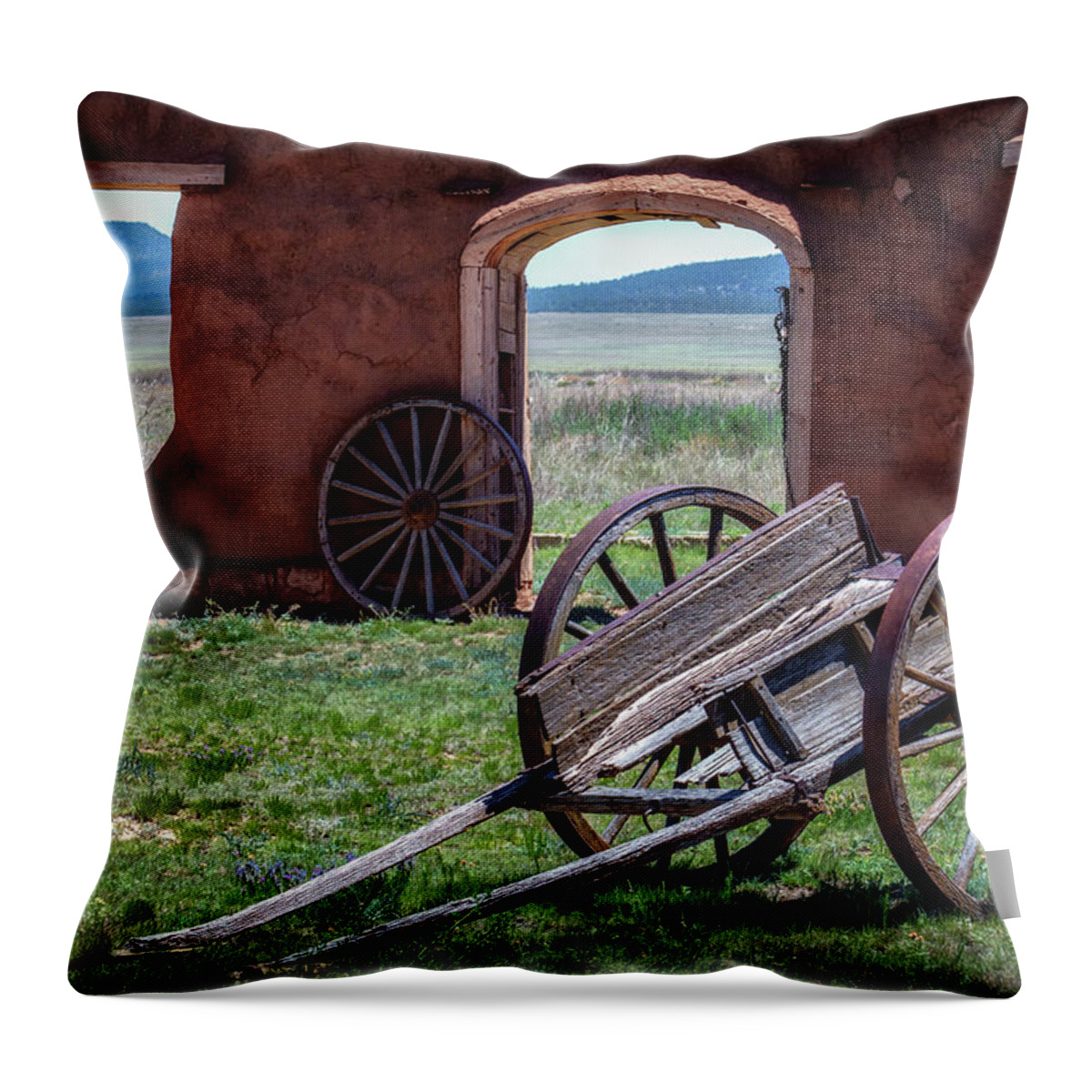 New Mexico Throw Pillow featuring the photograph Wagon Wheels by James Barber