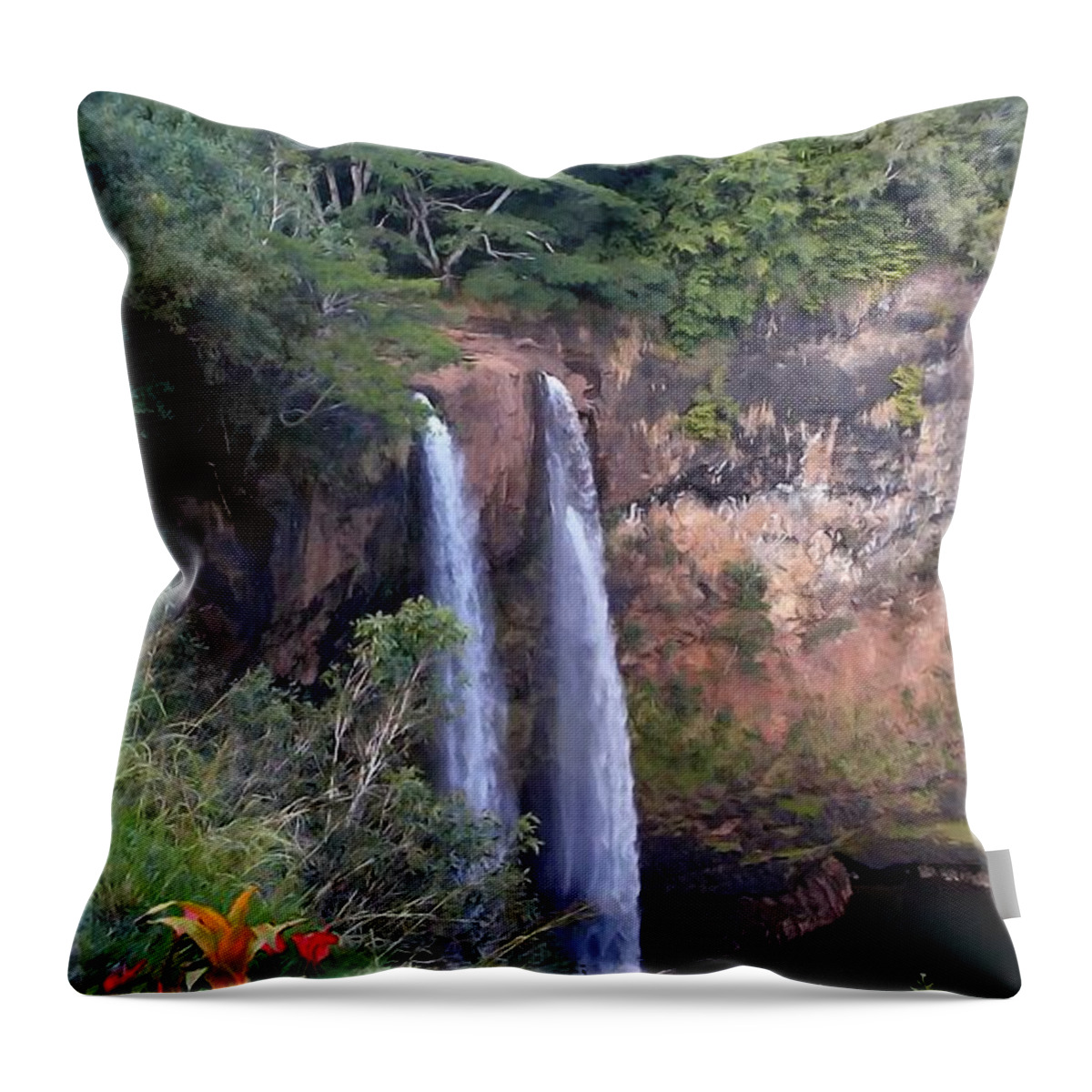 Wailua Throw Pillow featuring the painting Wailua Falls Kauai Hawaii by Carl Gouveia