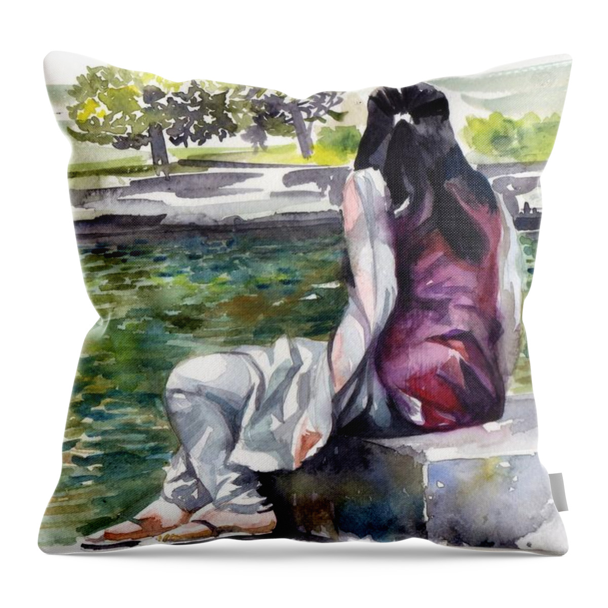 Waiting Throw Pillow featuring the drawing Waiting by the pool by Parag Pendharkar