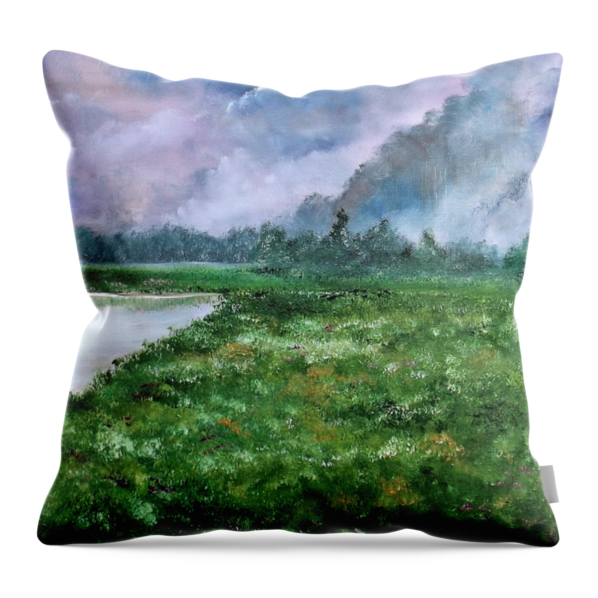 Landscape Throw Pillow featuring the painting Waiting For The Forecast by Lisa Aerts