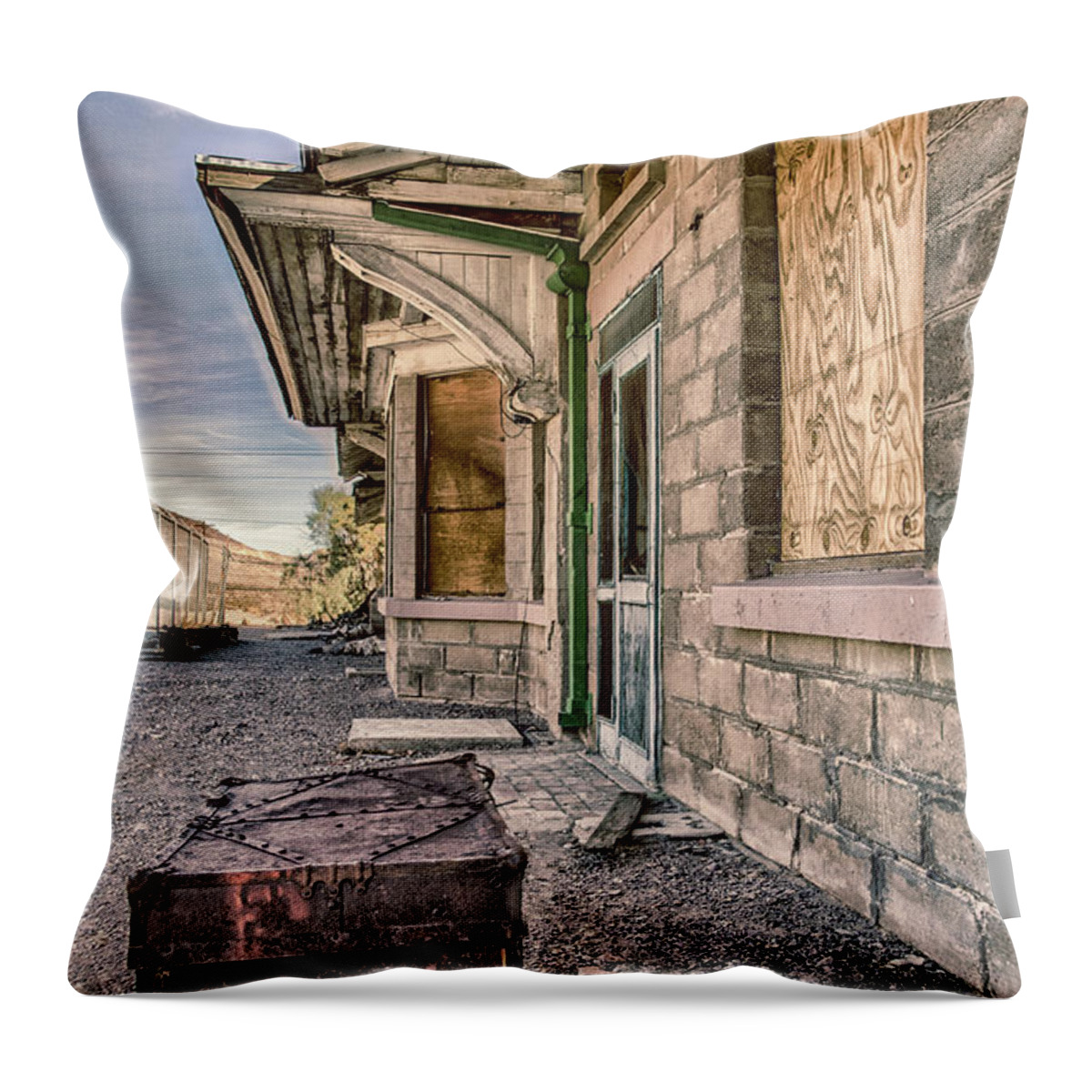 Rhyolite Throw Pillow featuring the photograph Waiting for the train by Gaelyn Olmsted