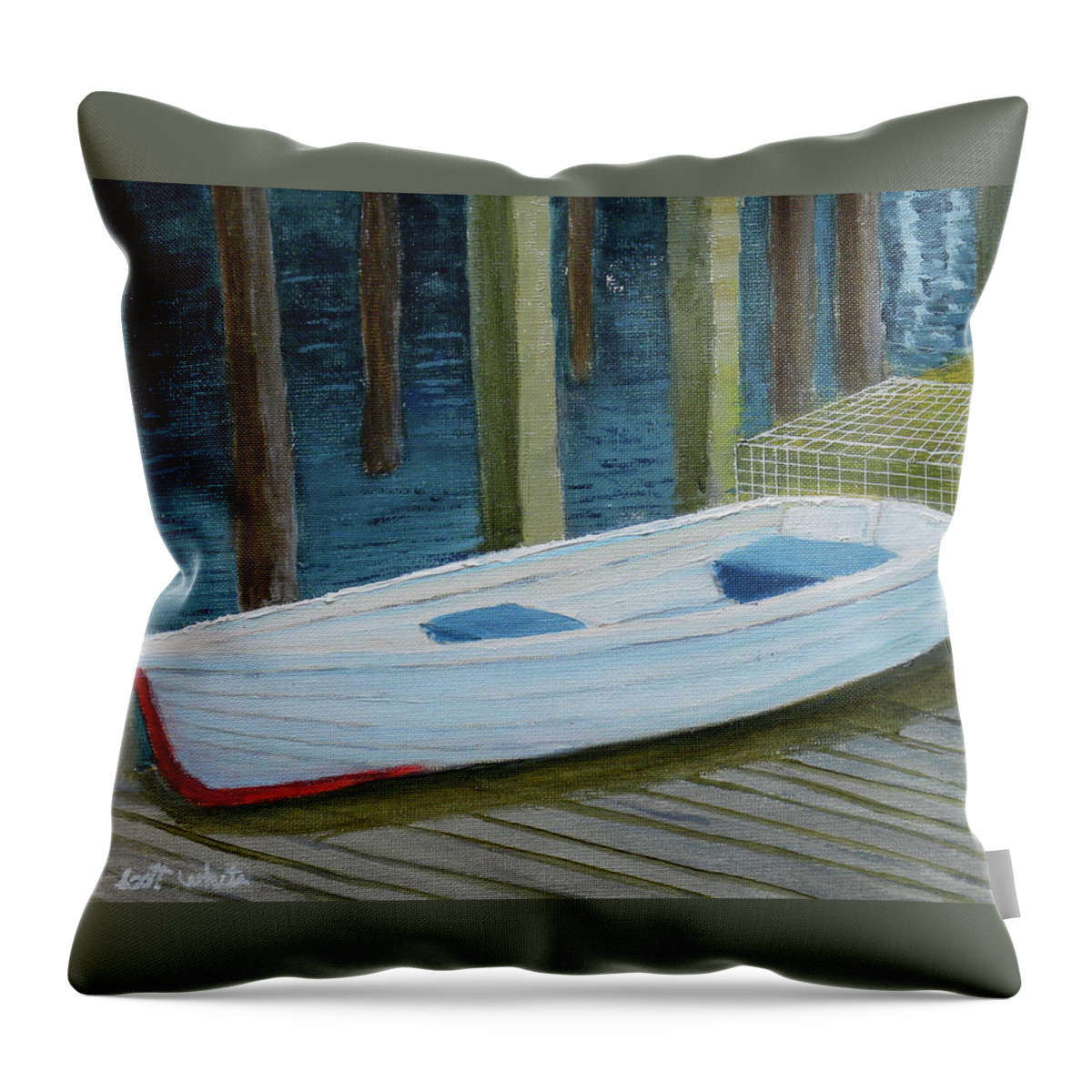 Landscape Seascape Boat Lobster Traps Dock Water Maine Throw Pillow featuring the painting Waiting For Work by Scott W White