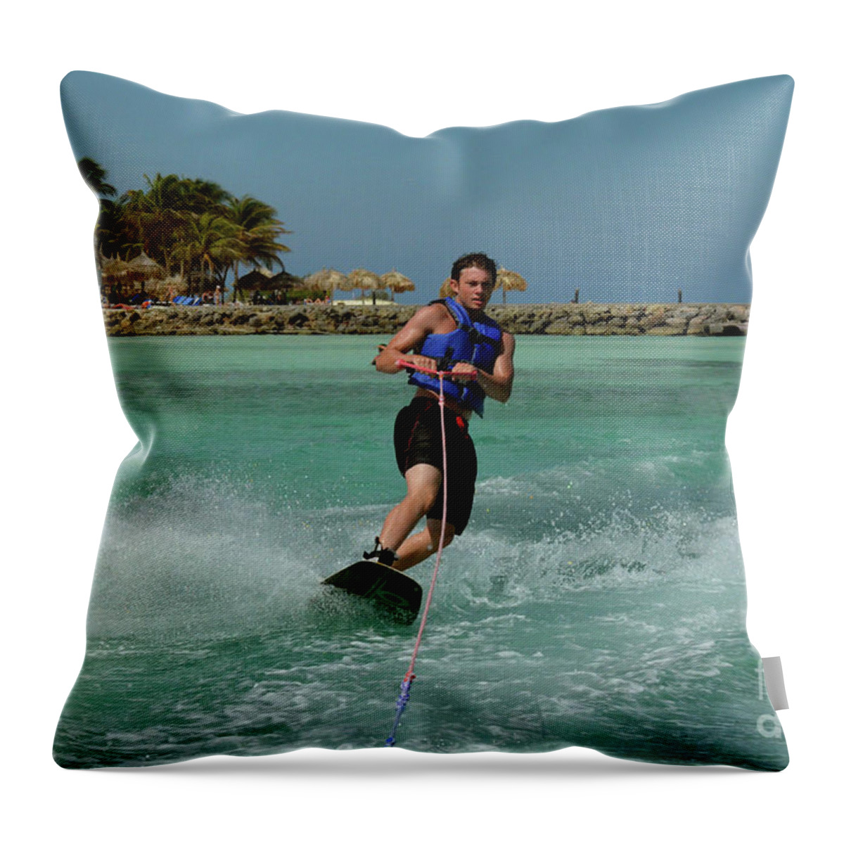 Wakeboard Throw Pillow featuring the photograph Wakeboarder Carving and Turning on a Wakeboard in Aruba by DejaVu Designs