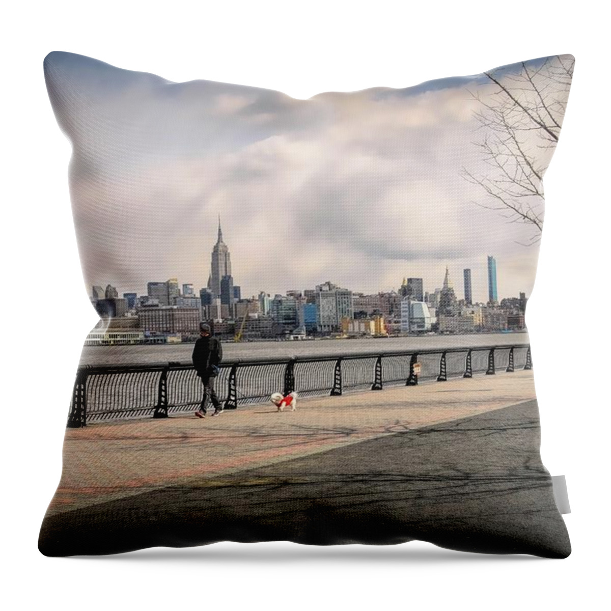 New Jersey Throw Pillow featuring the photograph Walking Along Hoboken's Hudson River Waterfront Walkway by Dyle Warren