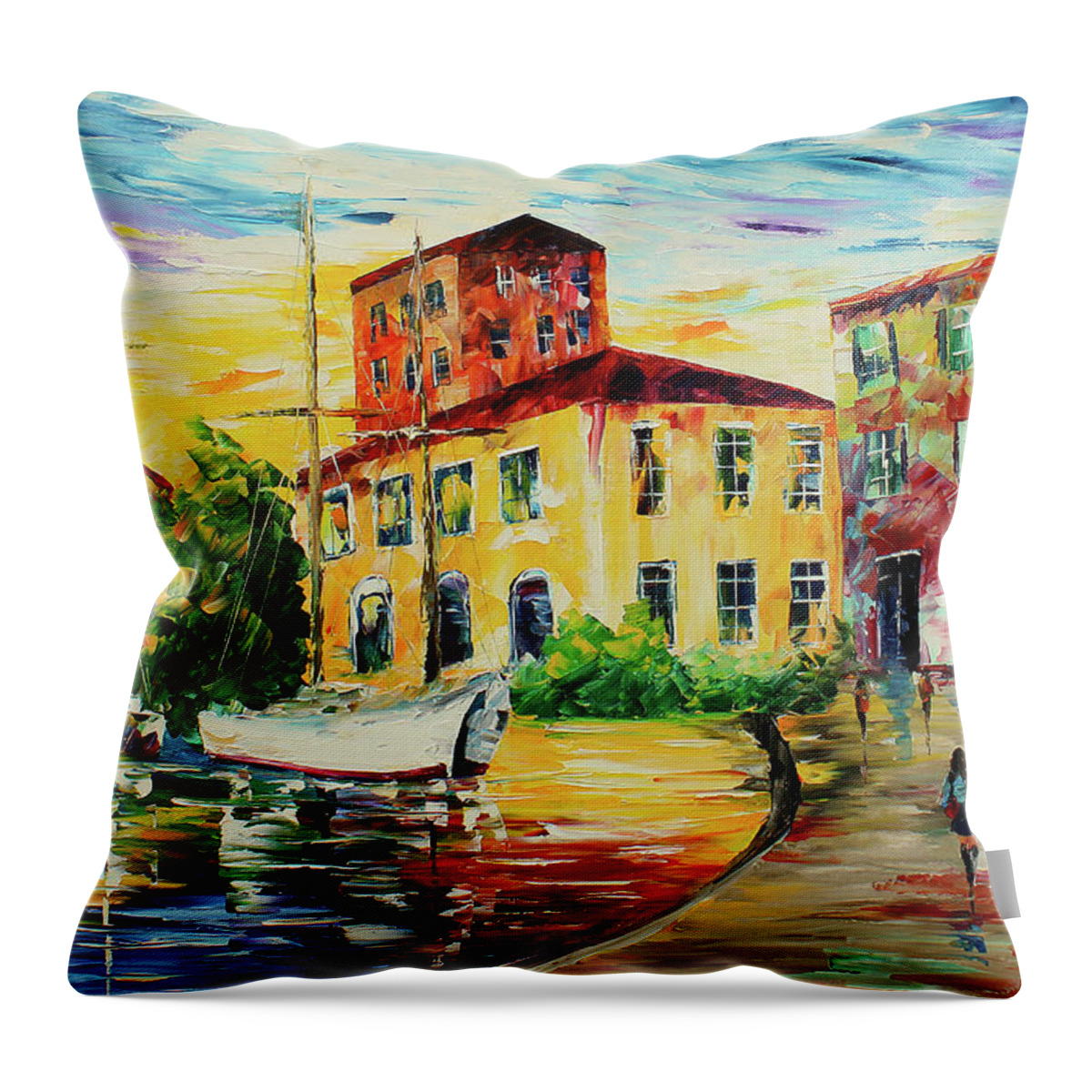Caribbean House Throw Pillow featuring the painting Walking the Harbor by Kevin Brown