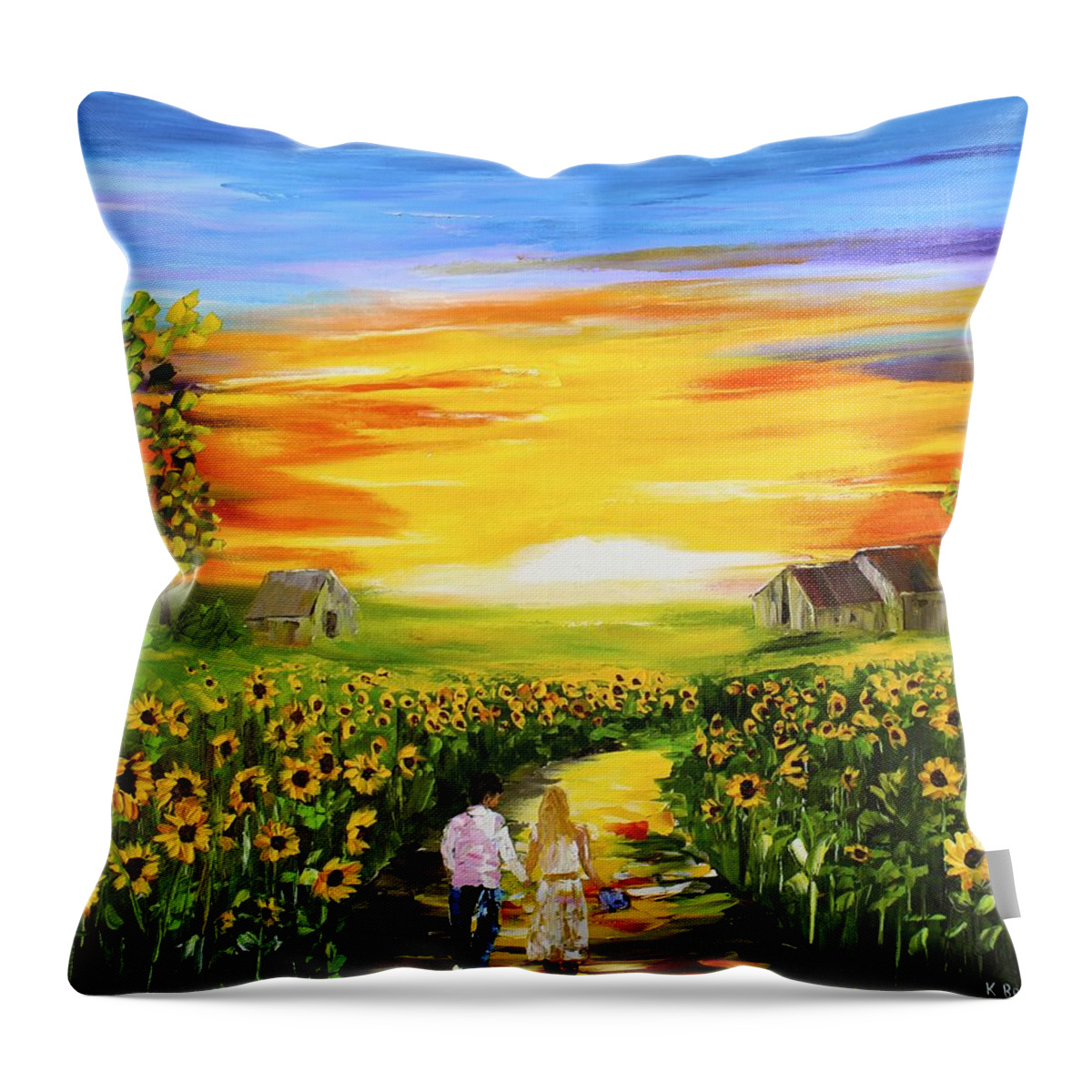 Palette Knife Paintings Throw Pillow featuring the painting Walking Through the Sunflowers by Kevin Brown
