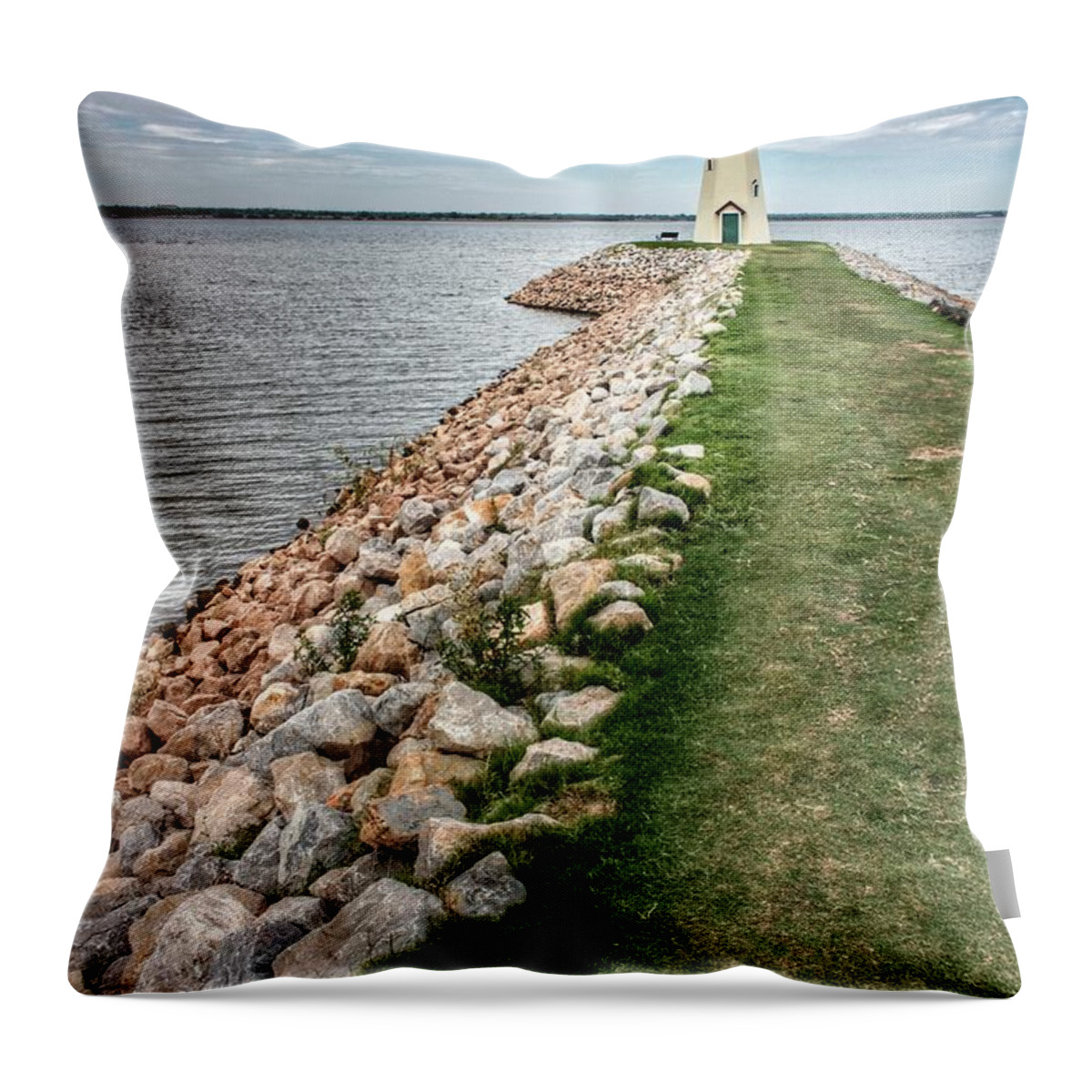 The Path Out To The Lake Hefner Lighthouse In Oklahoma City Throw Pillow featuring the photograph Walking To The Lighthouse by Buck Buchanan