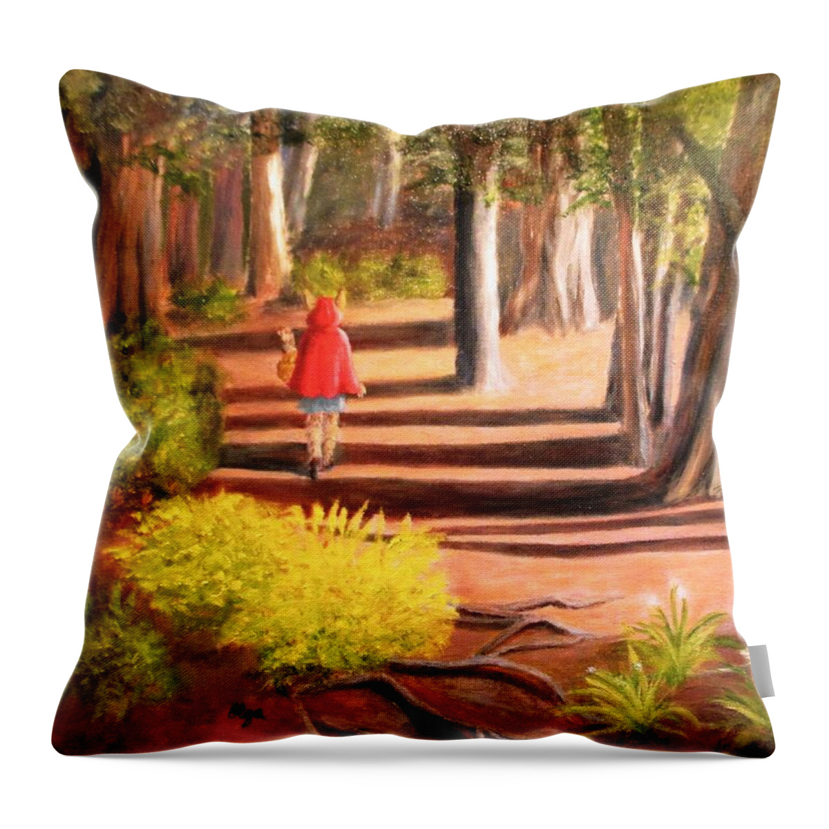 Woods Throw Pillow featuring the painting Red Riding Wolf in the Woods by Olga Silverman