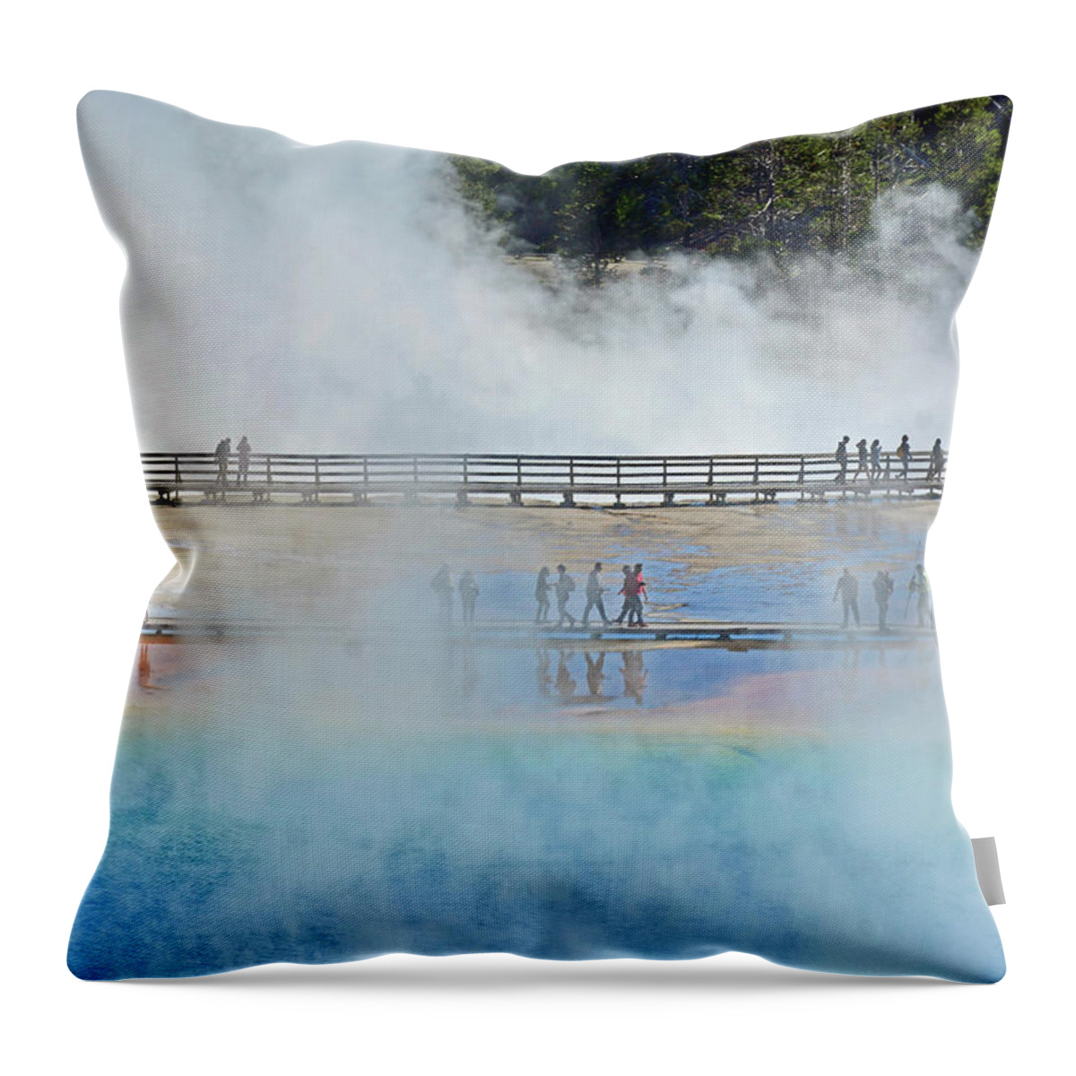 Yellowstone Throw Pillow featuring the photograph Wandering and Wondering at Grand Prismatic Spring by Bruce Gourley
