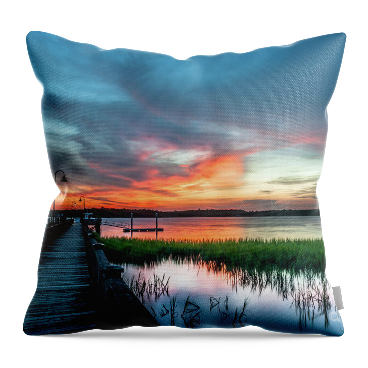 Wando River Throw Pillow featuring the photograph Wando River Sunset Burst by Dale Powell