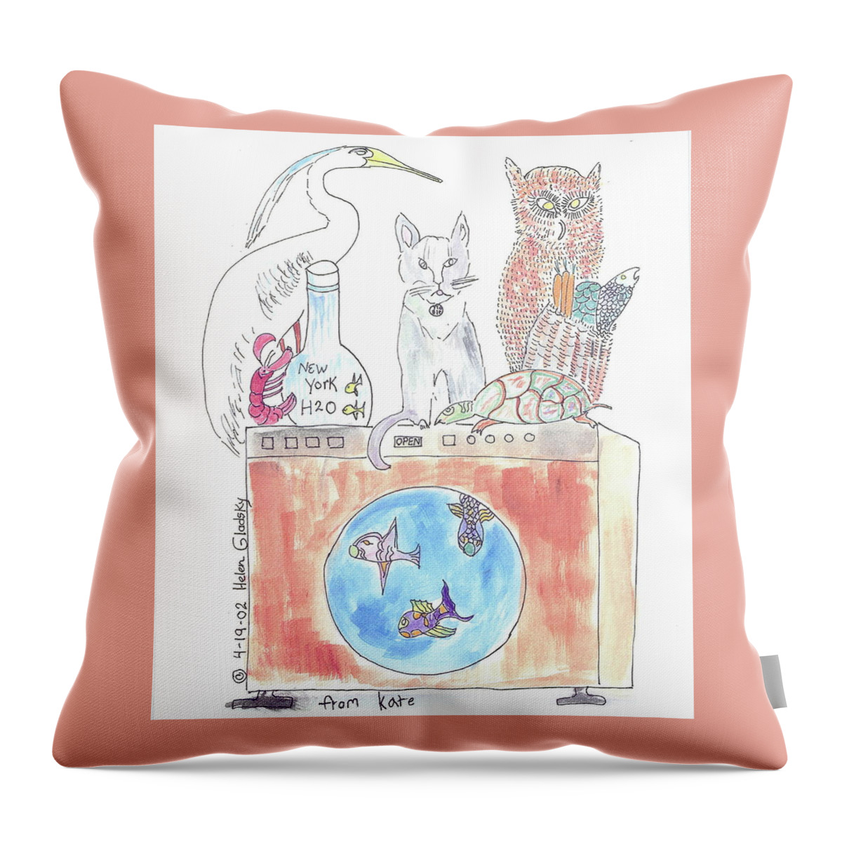 Heron Throw Pillow featuring the painting Washing Machine Friends by Helen Holden-Gladsky