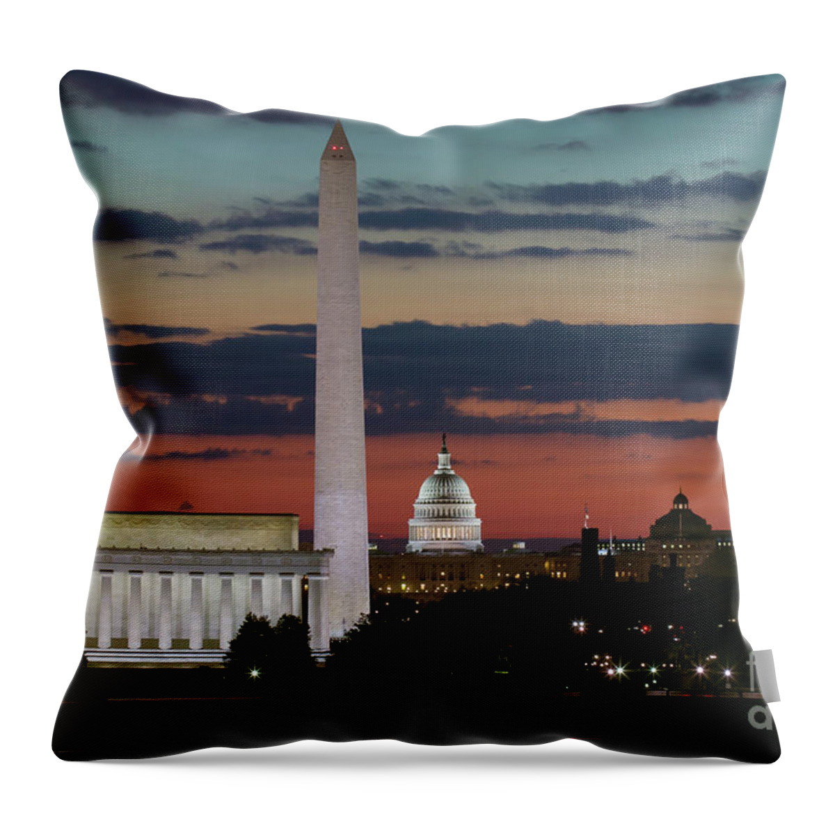 Clarence Holmes Throw Pillow featuring the photograph Washington DC Landmarks at Sunrise I by Clarence Holmes