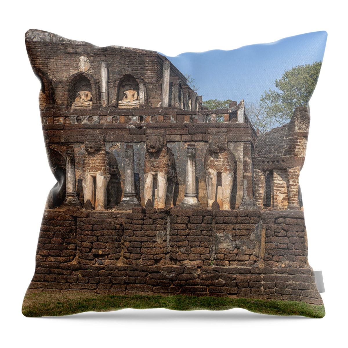 Temple Throw Pillow featuring the photograph Wat Chang Lom Lion Figures on Main Chedi DTHST0122 by Gerry Gantt