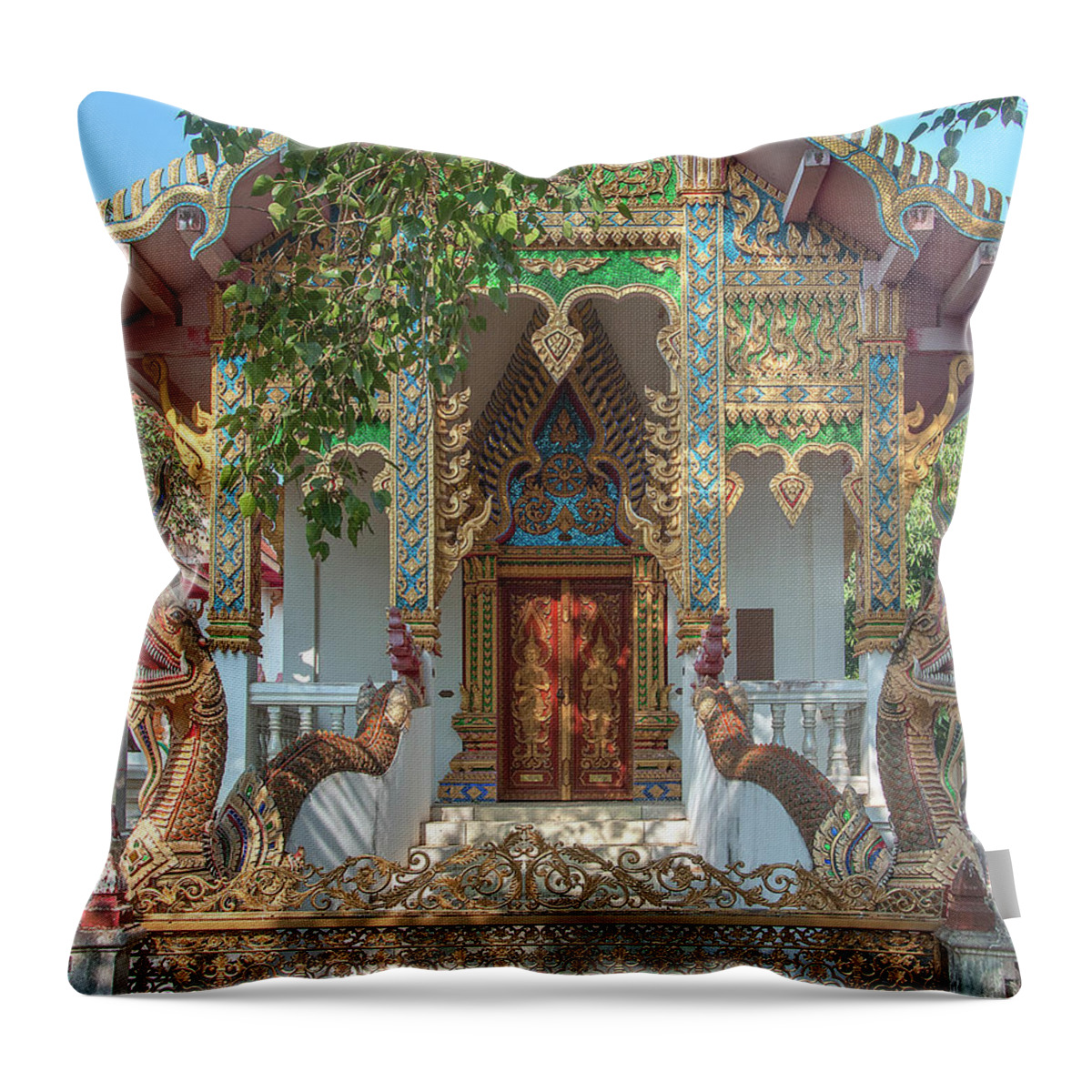 Scenic Throw Pillow featuring the photograph Wat Nam Phueng Phra Ubosot Entrance DTHLA0012 by Gerry Gantt