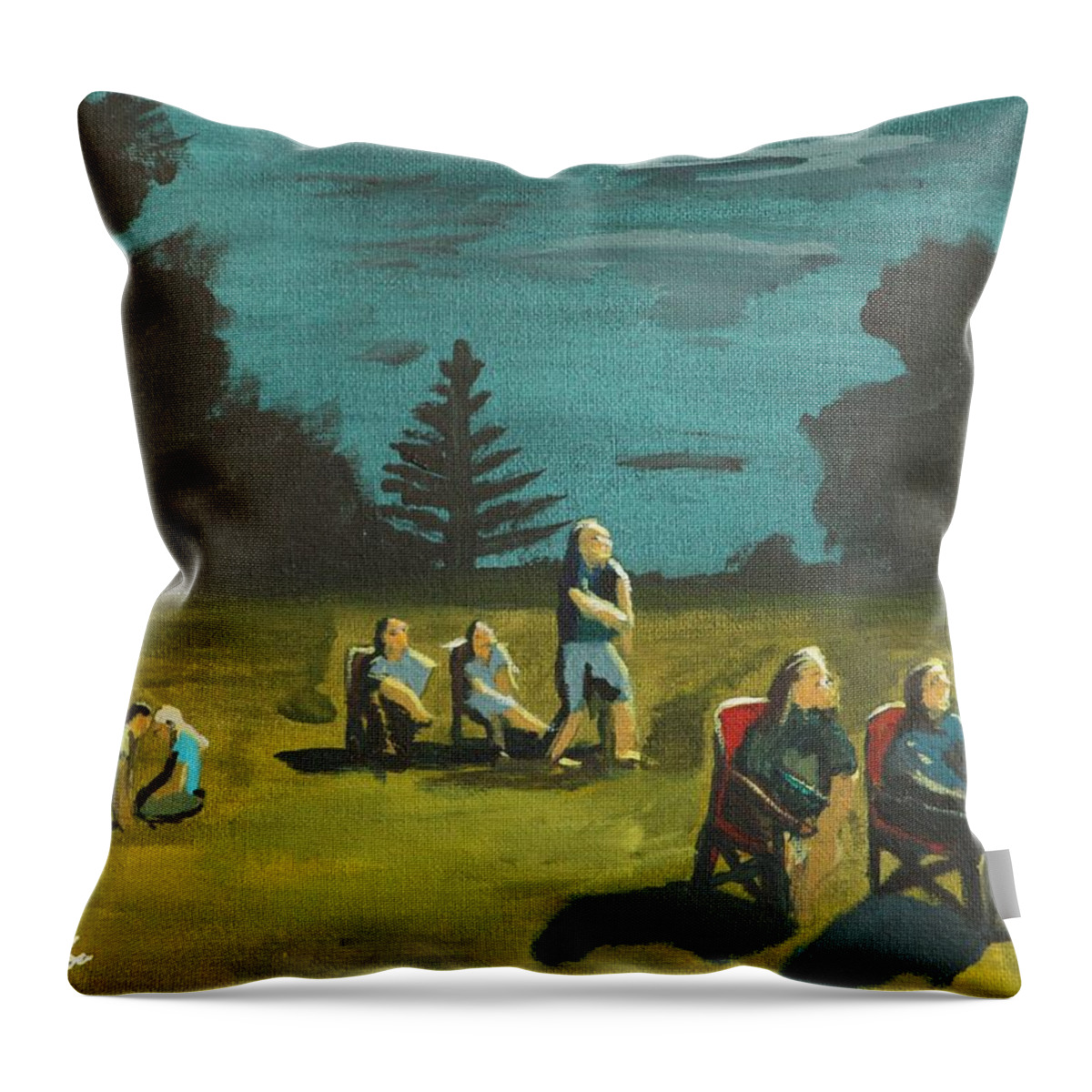 Night Throw Pillow featuring the painting Watching fireworks by David Bigelow