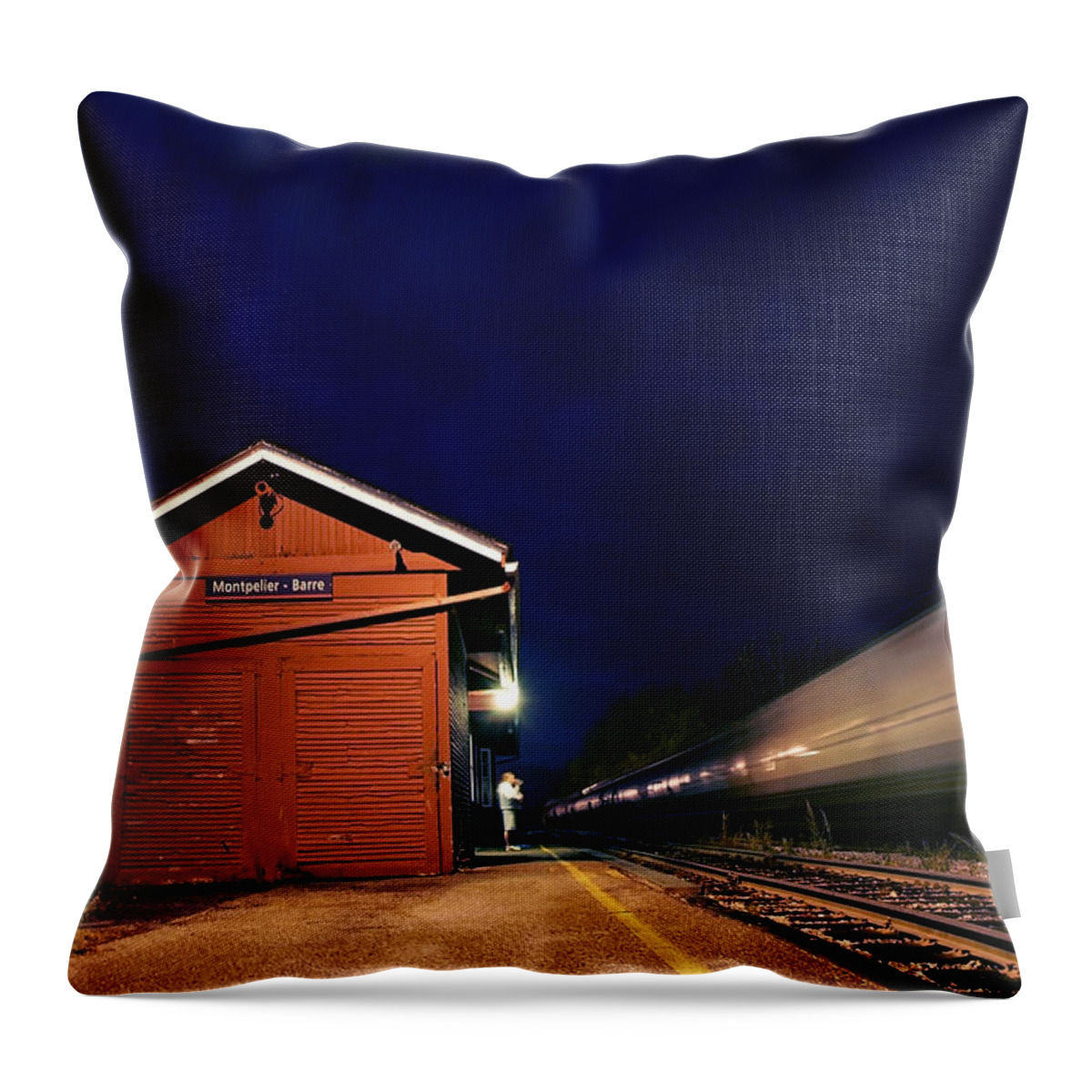 Darin Volpe Railroad Throw Pillow featuring the photograph Watching the Night Train - Montpelier Junction Vermont by Darin Volpe
