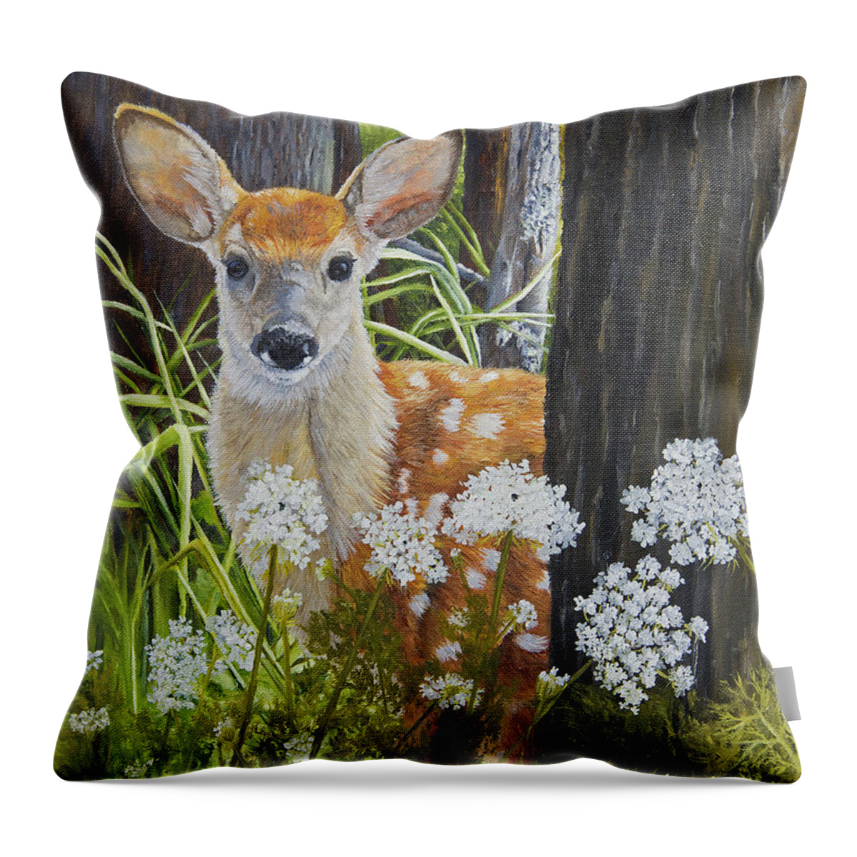 North American Wildlife. White-tailed Deer Throw Pillow featuring the painting Watching You, Watching Me by Johanna Lerwick