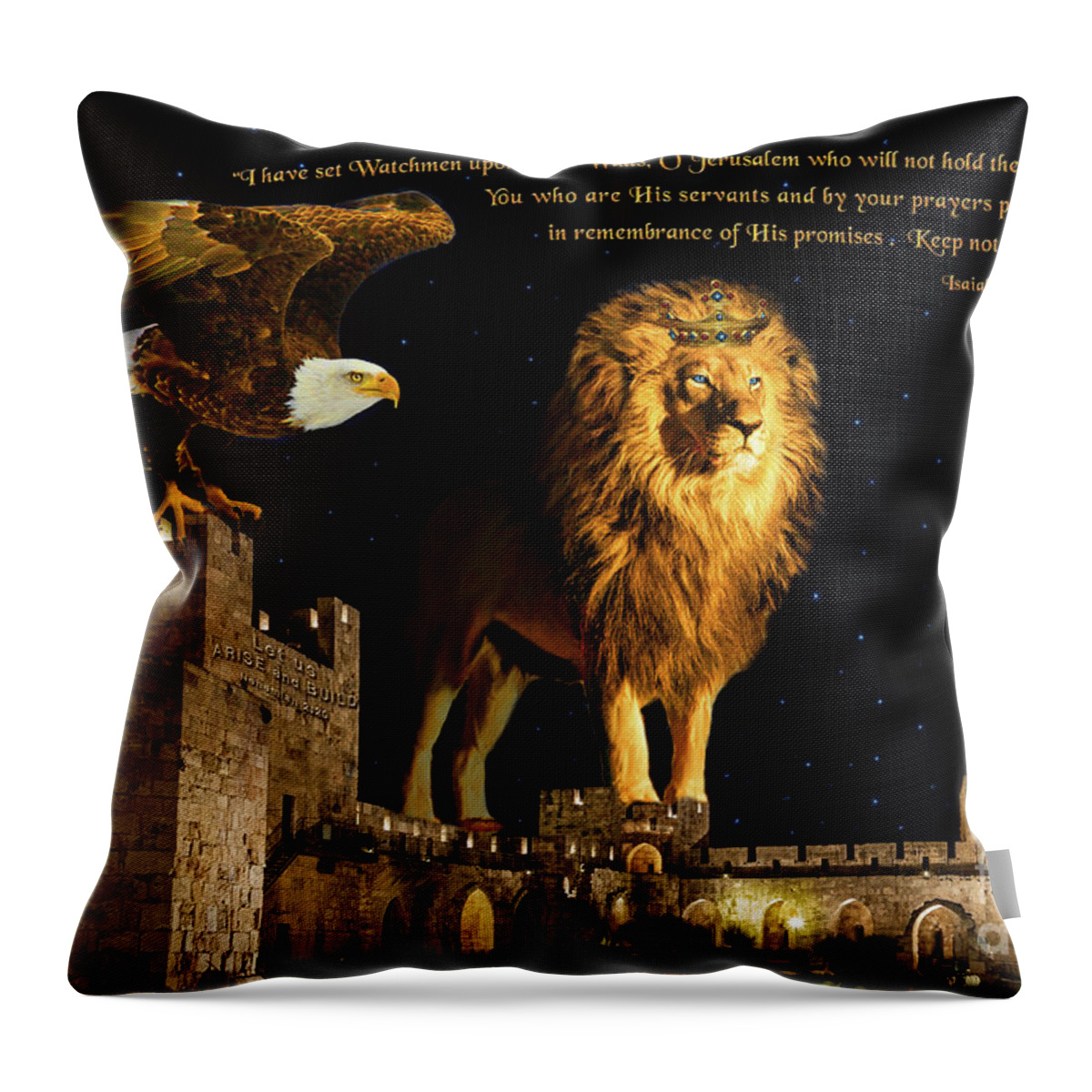 King Throw Pillow featuring the digital art Watchman Eagle and Lion by Constance Woods