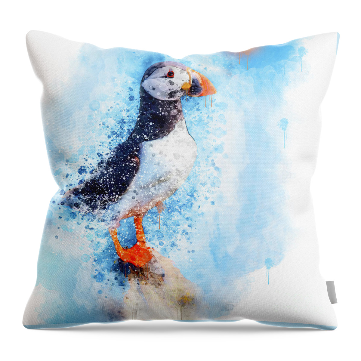 Puffin Throw Pillow featuring the mixed media Water Colour Puffin by Jim Hatch