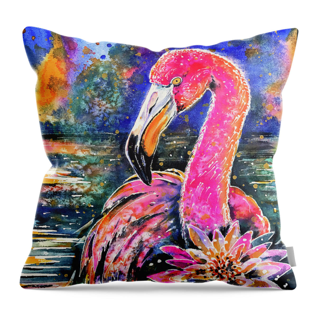 Flamingo Throw Pillow featuring the painting Water Lily and Flamingo by Zaira Dzhaubaeva