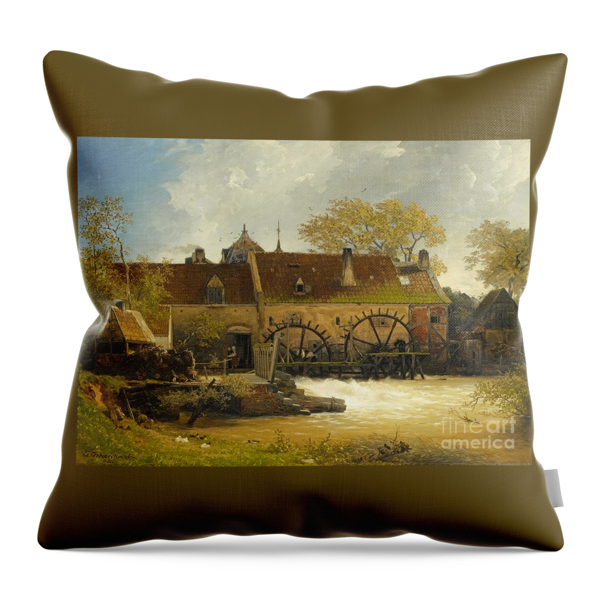 Andreas Achenbach Throw Pillow featuring the painting Water-mill At A River by MotionAge Designs